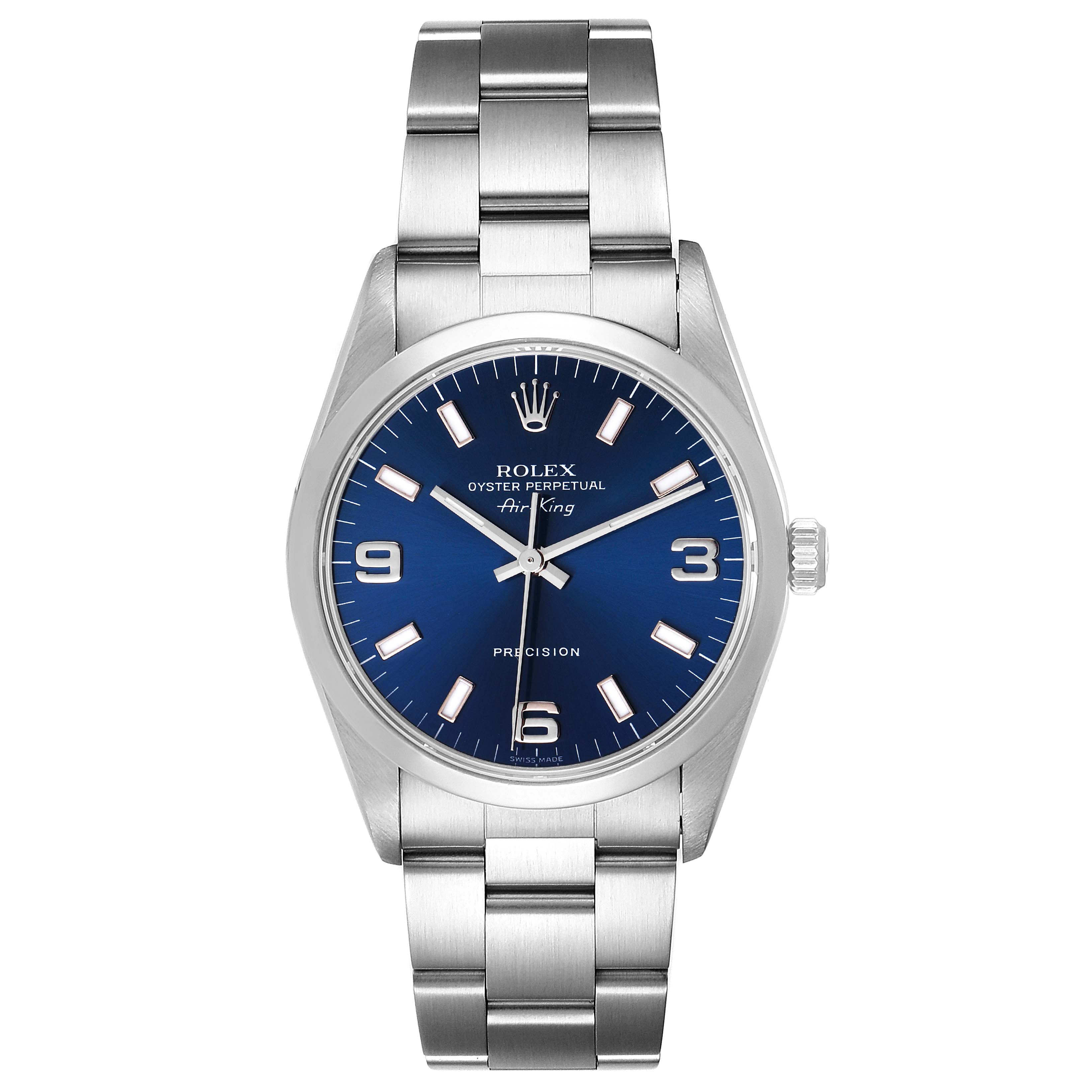 The image shows a Rolex Air-King 14000 Men's Stainless Steel Blue Dial 14000 Men's Stainless Steel Blue Dial watch at a front angle, displaying the dial, hands, crown, and stainless steel bracelet.