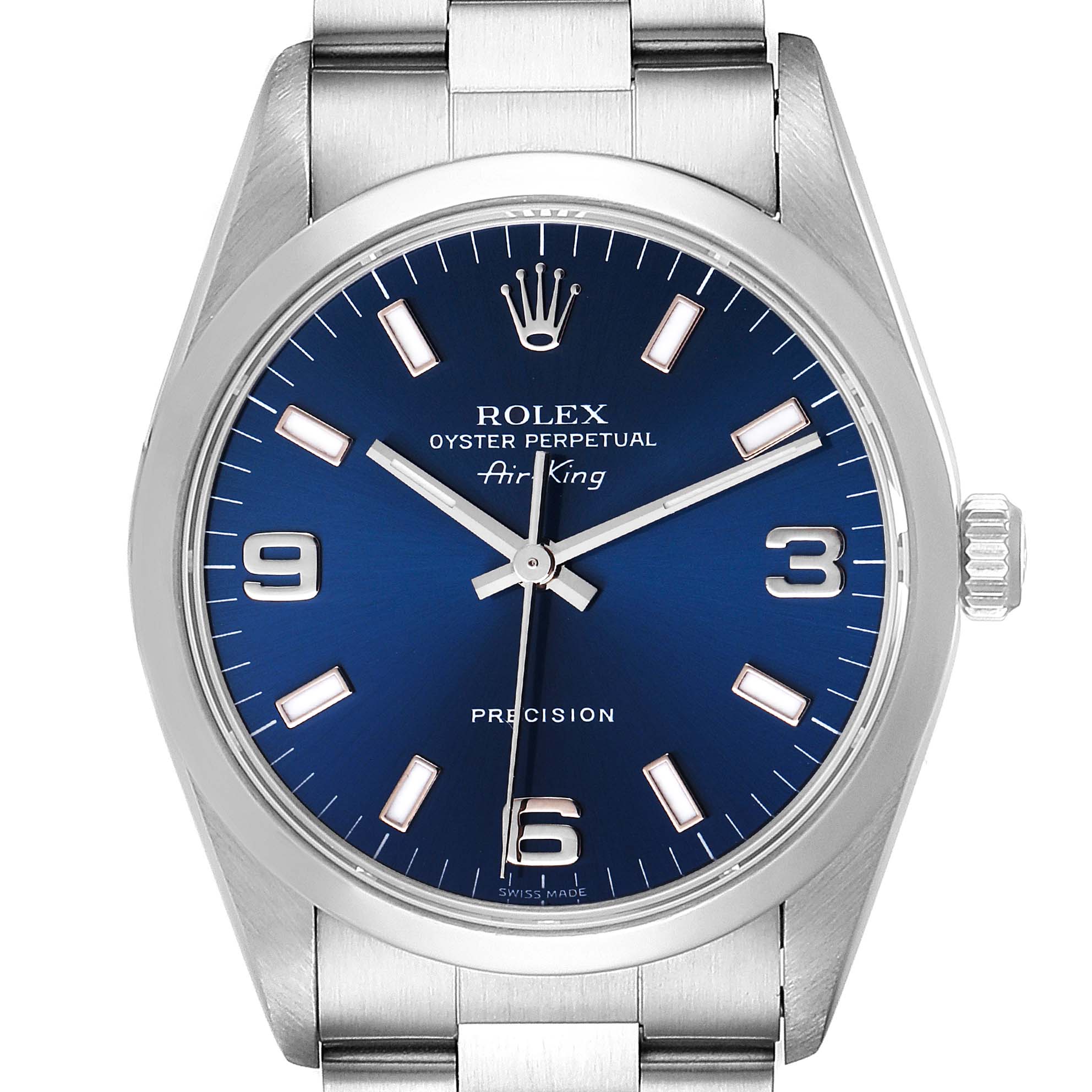 The image shows the front view of a Rolex Air-King 14000 Men's Stainless Steel Blue Dial 14000 Men's Stainless Steel Blue Dial watch, highlighting its blue dial, hands, and markings.