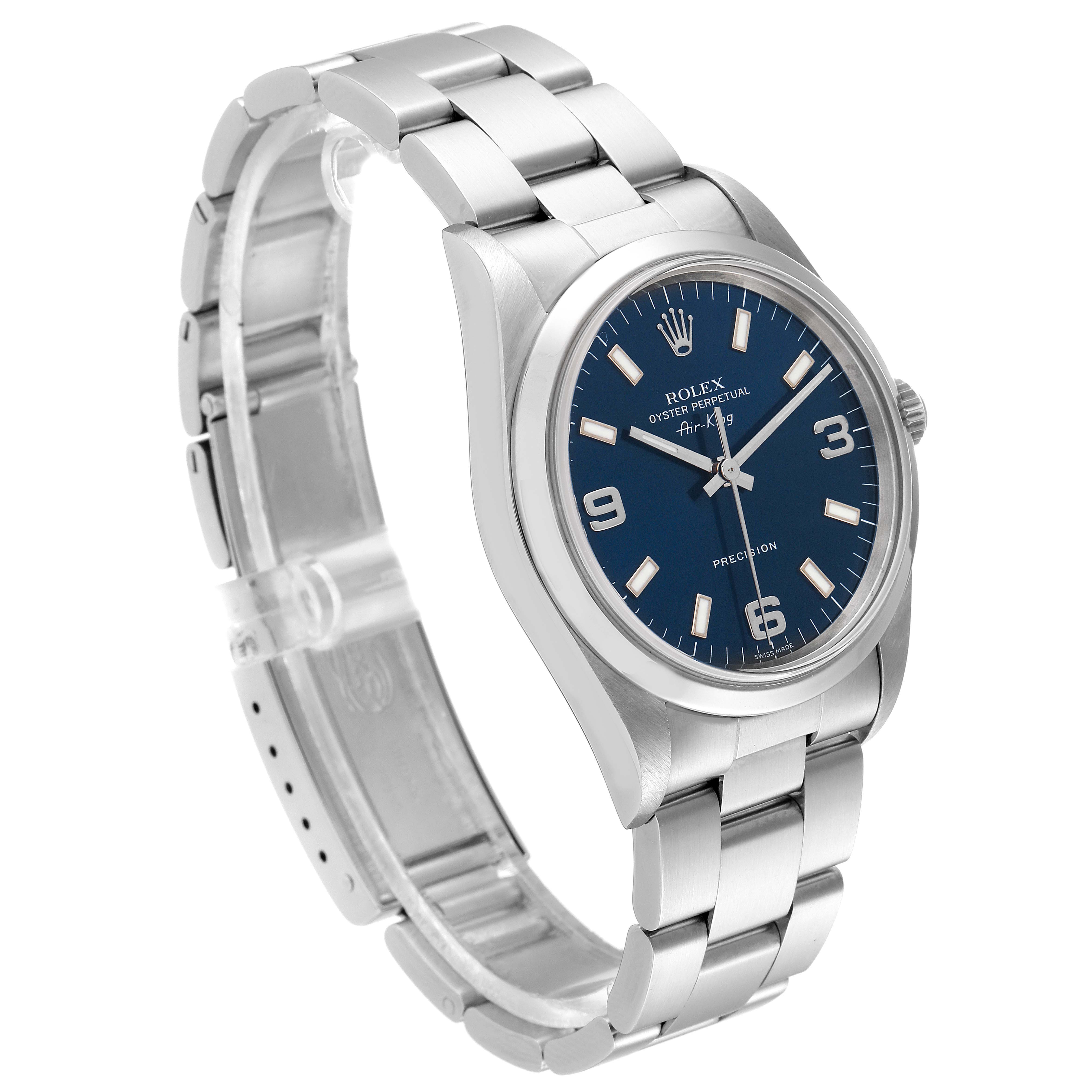 The image shows a Rolex Air-King 14000 Men's Stainless Steel Blue Dial 14000 Men's Stainless Steel Blue Dial watch angled from the front-left, highlighting its blue dial, silver case, and metal bracelet.