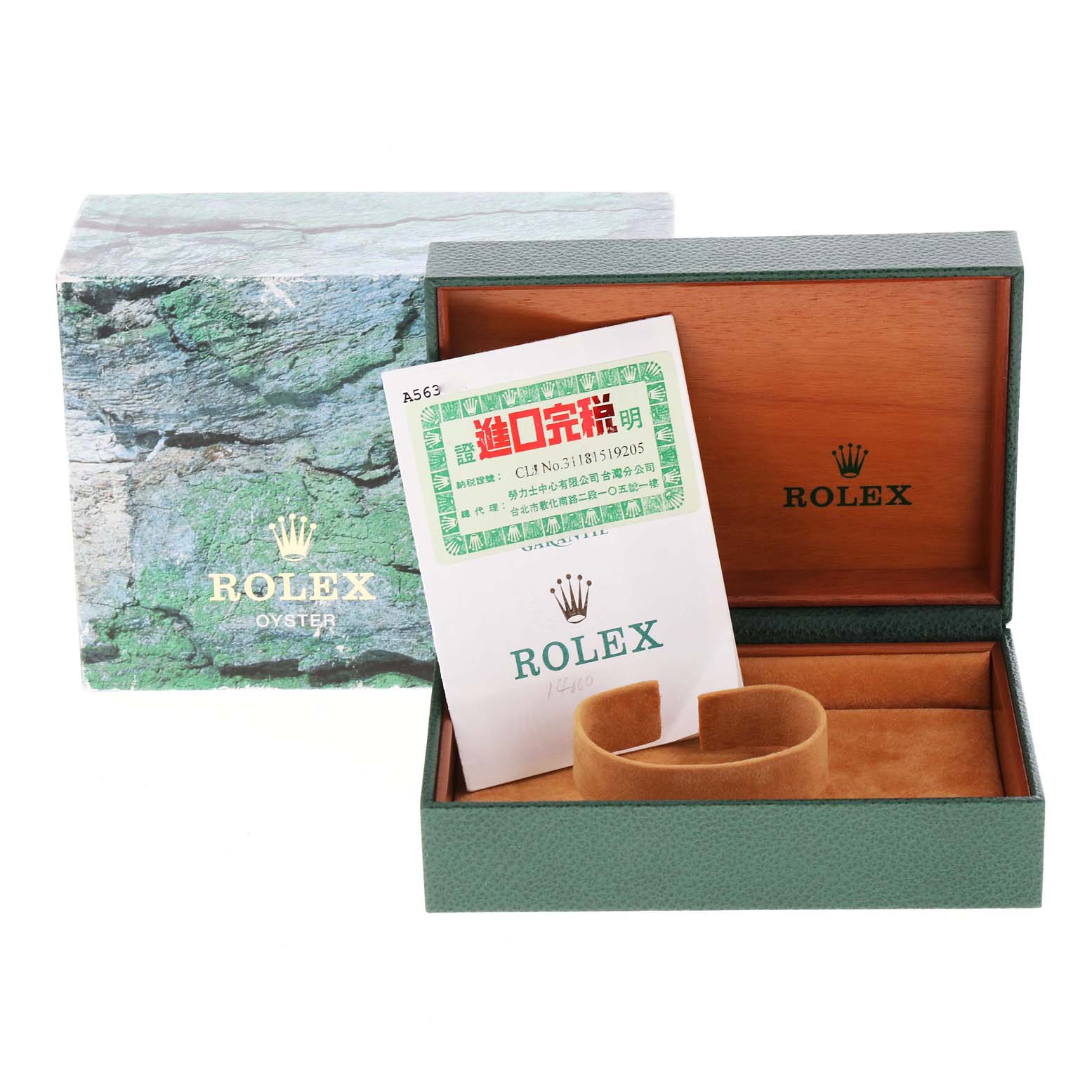 The image shows the open box and paperwork for a Rolex Air-King 14000 Men's Stainless Steel Blue Dial 14000 Men's Stainless Steel Blue Dial watch, with the watch not visible.