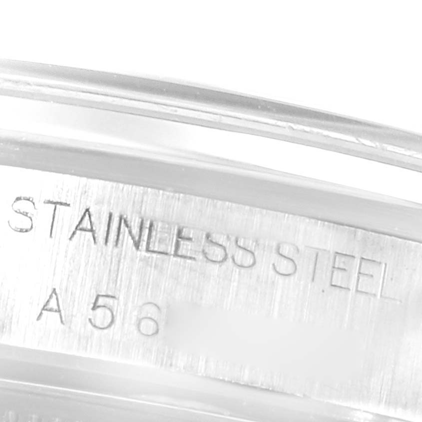 The image shows a close-up of the case back of a Rolex Air-King 14000 Men's Stainless Steel Blue Dial 14000 Men's Stainless Steel Blue Dial watch, highlighting the "STAINLESS STEEL" engraving.