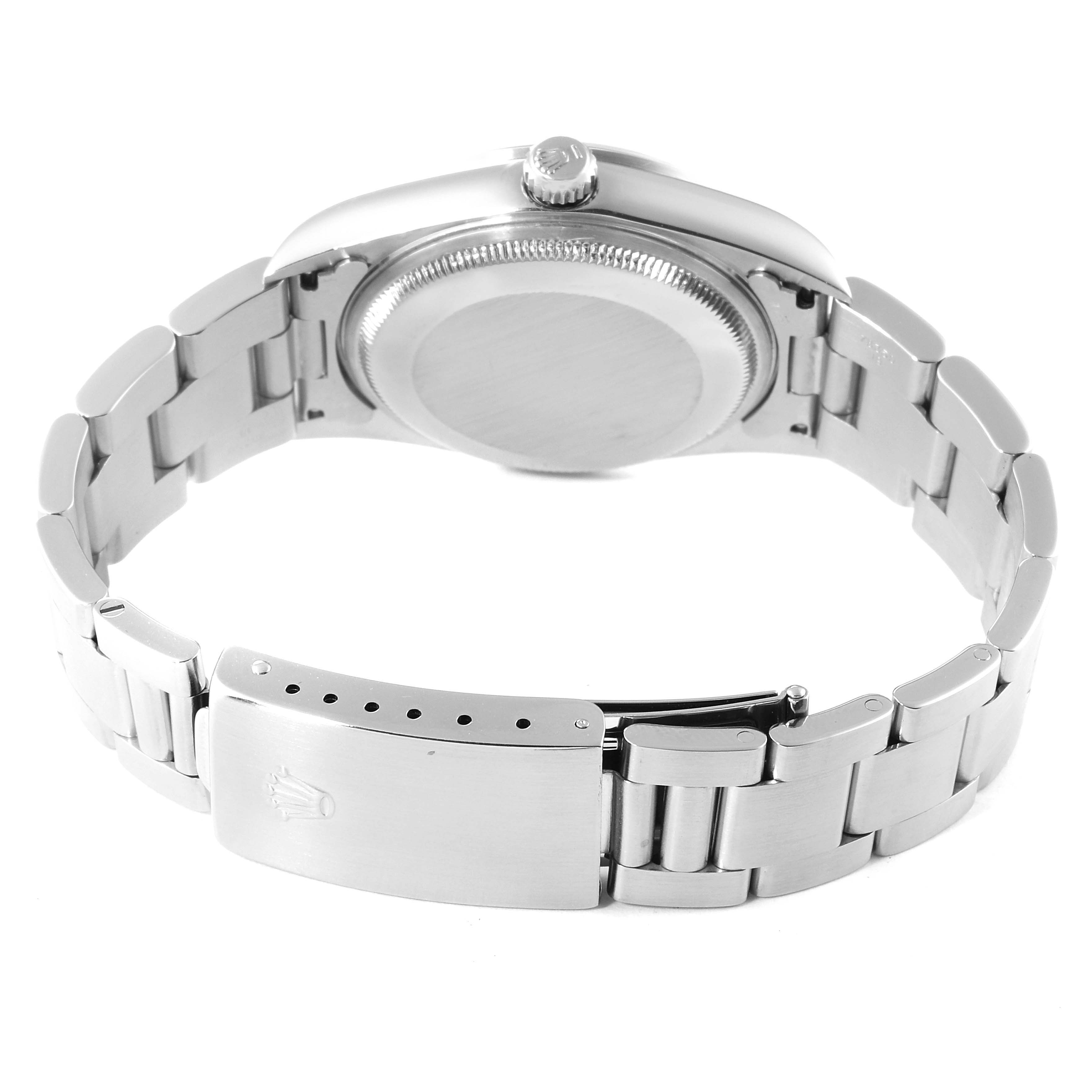 The image shows the back and clasp of a Rolex Air-King 14000 Men's Stainless Steel Blue Dial 14000 Men's Stainless Steel Blue Dial watch from a rear angle.