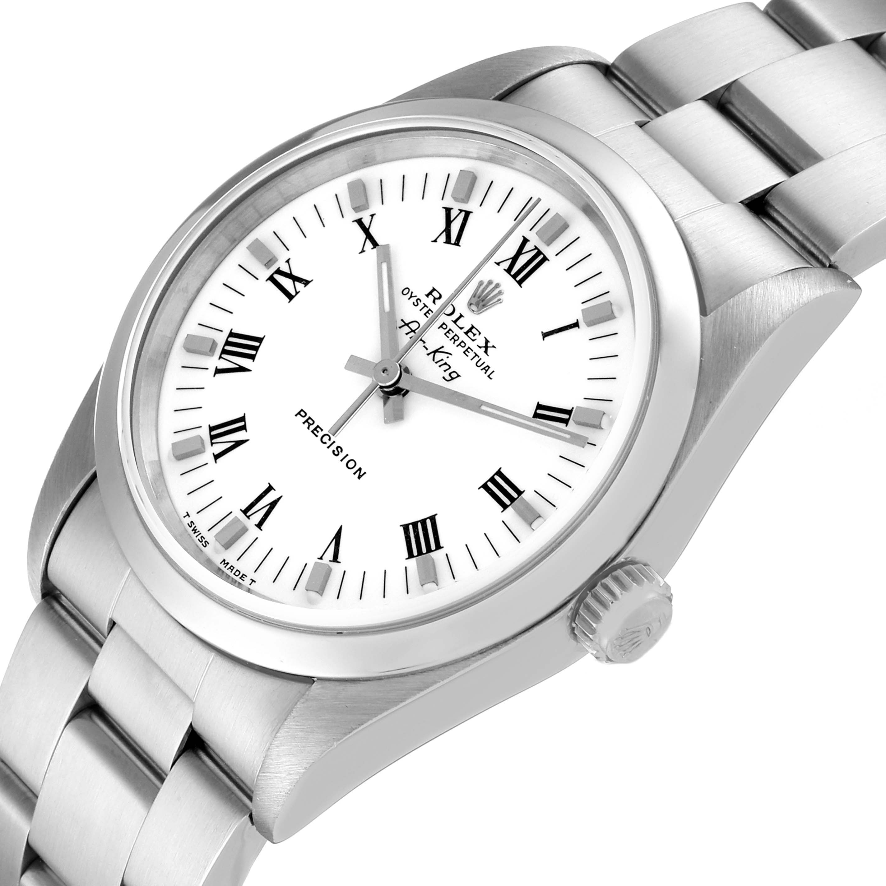 This image shows an oblique close-up of the Rolex Air-King 14000 Men's Stainless Steel White Dial 14000 Men's Stainless Steel White Dial watch displaying its face, bezel, crown, and part of the bracelet.