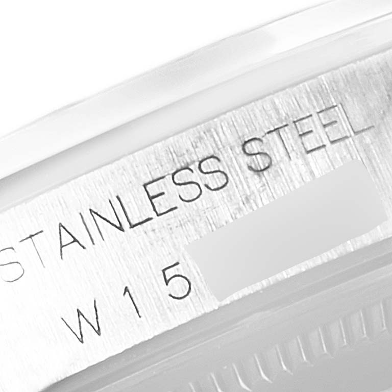 The image shows a close-up of the stainless steel case back of a Rolex Air-King 14000 Men's Stainless Steel White Dial 14000 Men's Stainless Steel White Dial watch.