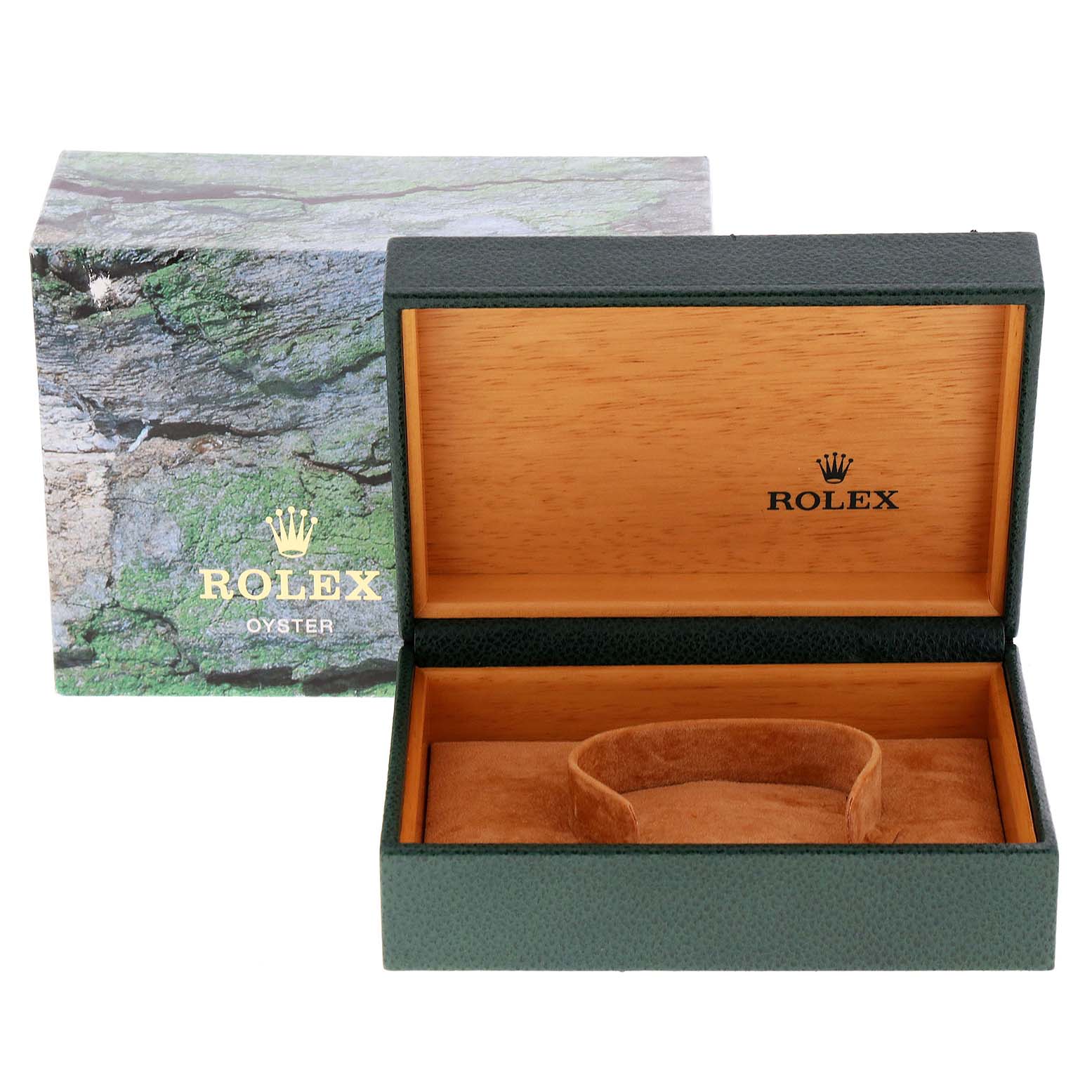 The image shows an open Rolex Air-King 14000 Men's Stainless Steel White Dial 14000 Men's Stainless Steel White Dial watch box with a closed outer packaging in the background.