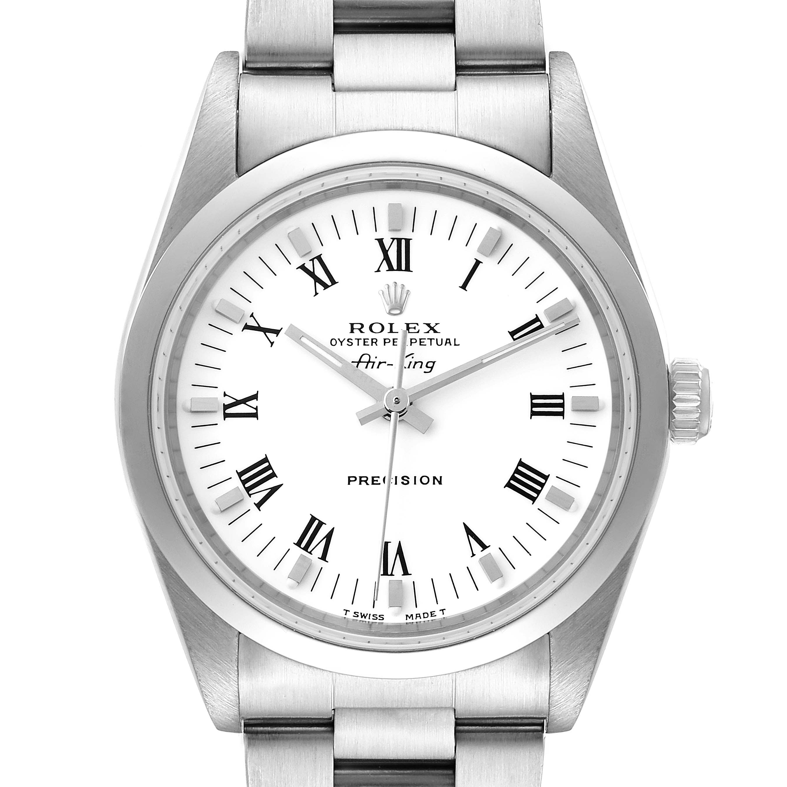 The image shows a front view of a Rolex Air-King 14000 Men's Stainless Steel White Dial 14000 Men's Stainless Steel White Dial watch, displaying its dial, hour markers, hands, and part of its bracelet.