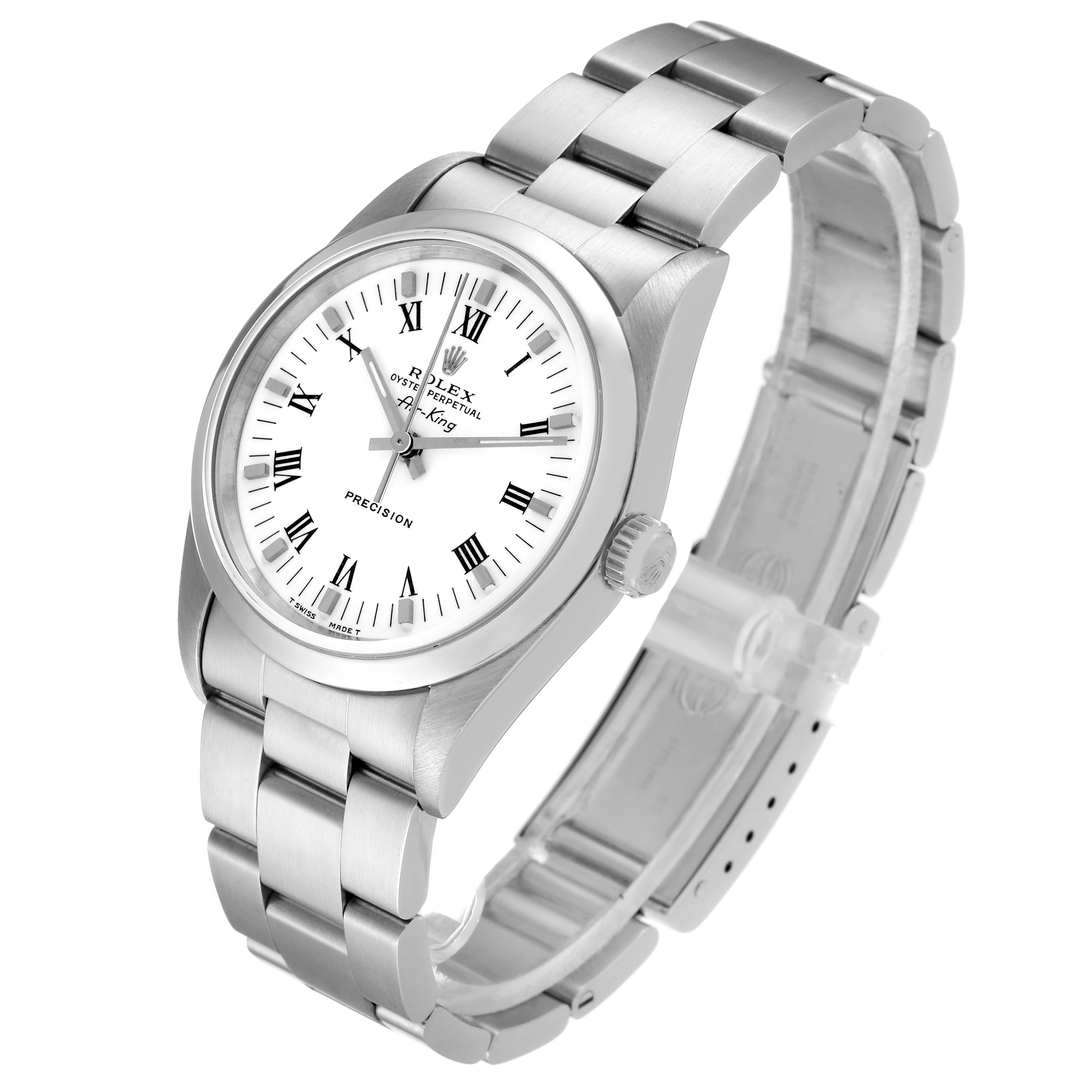 This image shows a Rolex Air-King 14000 Men's Stainless Steel White Dial 14000 Men's Stainless Steel White Dial watch from an angled top-side view, highlighting the dial, bezel, crown, and bracelet.
