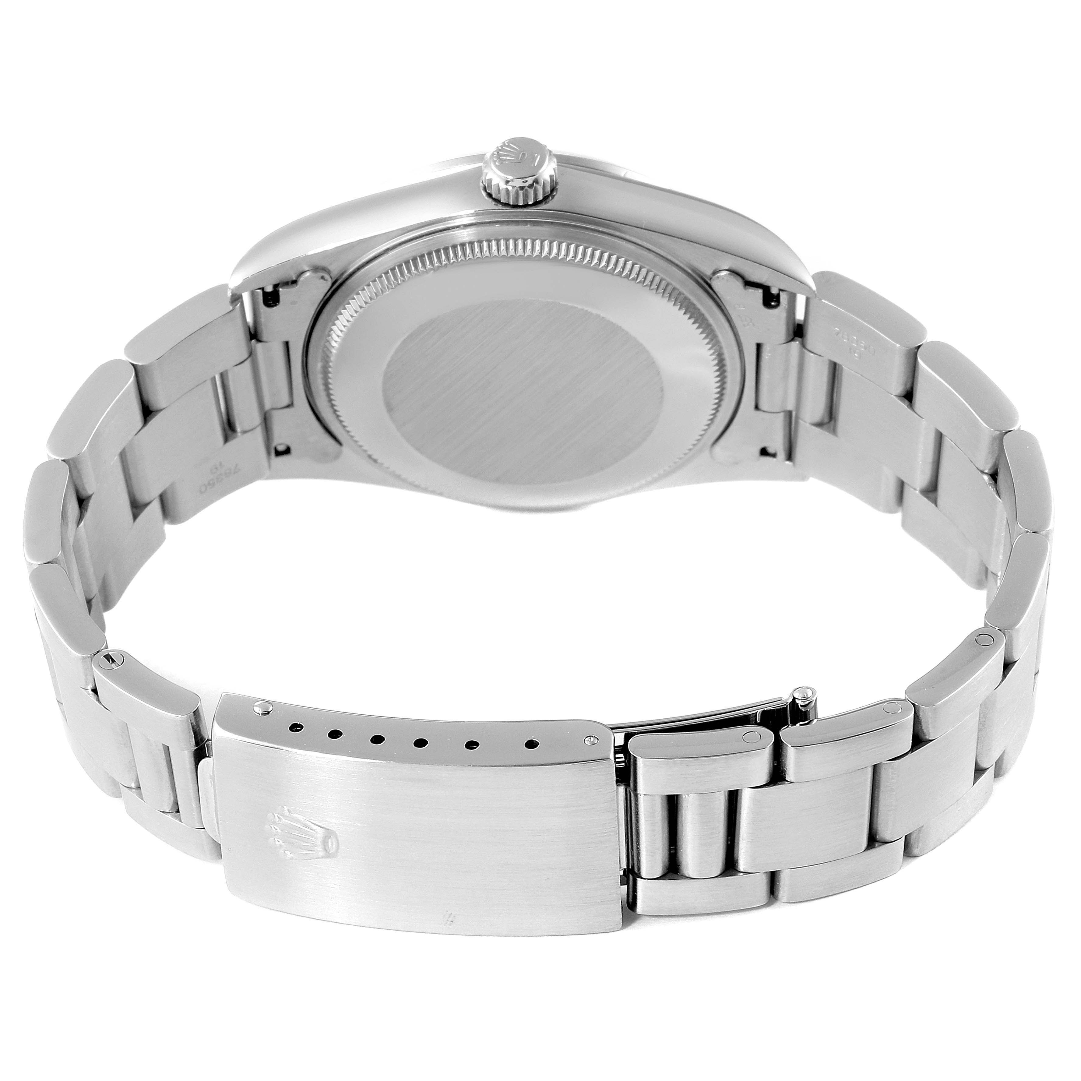 This image shows the back view of the Rolex Air-King 14000 Men's Stainless Steel White Dial 14000 Men's Stainless Steel White Dial watch, highlighting the case back and bracelet with the clasp.