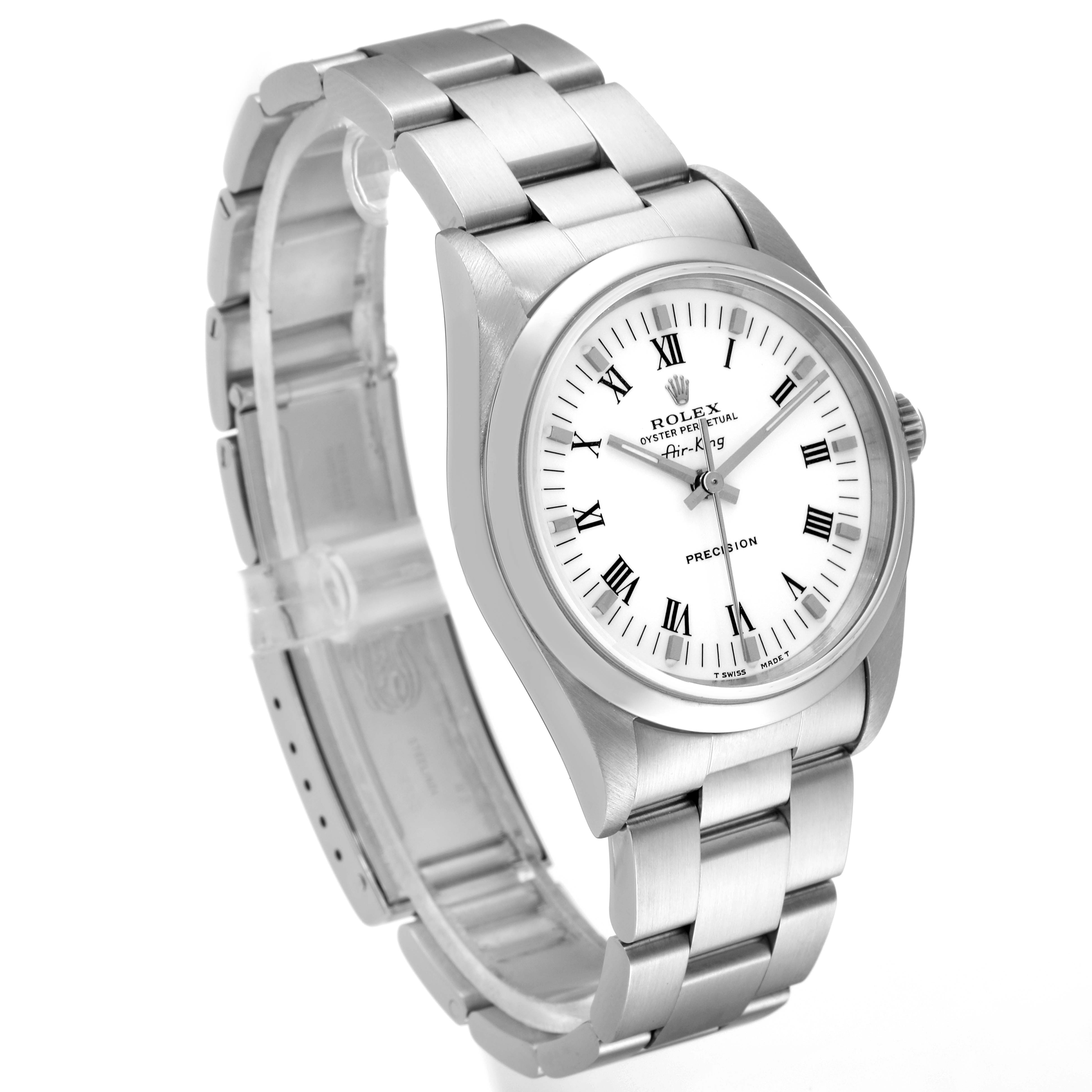 The image shows a Rolex Air-King 14000 Men's Stainless Steel White Dial 14000 Men's Stainless Steel White Dial watch from a three-quarter angle, highlighting its face, bezel, and bracelet.