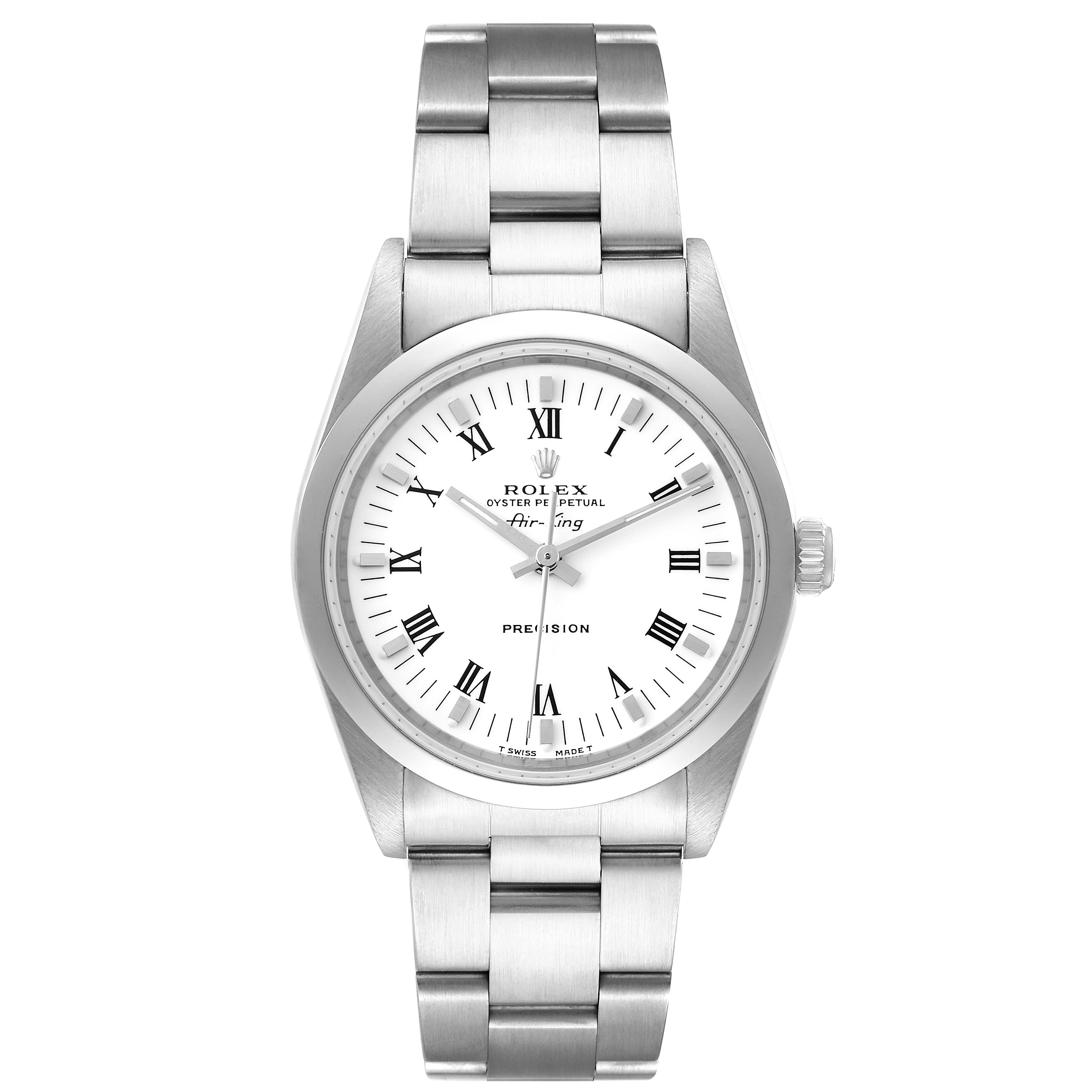 This Rolex Air-King 14000 Men's Stainless Steel White Dial 14000 Men's Stainless Steel White Dial model watch is shown from the front, displaying the face, bezel, lugs, and bracelet.