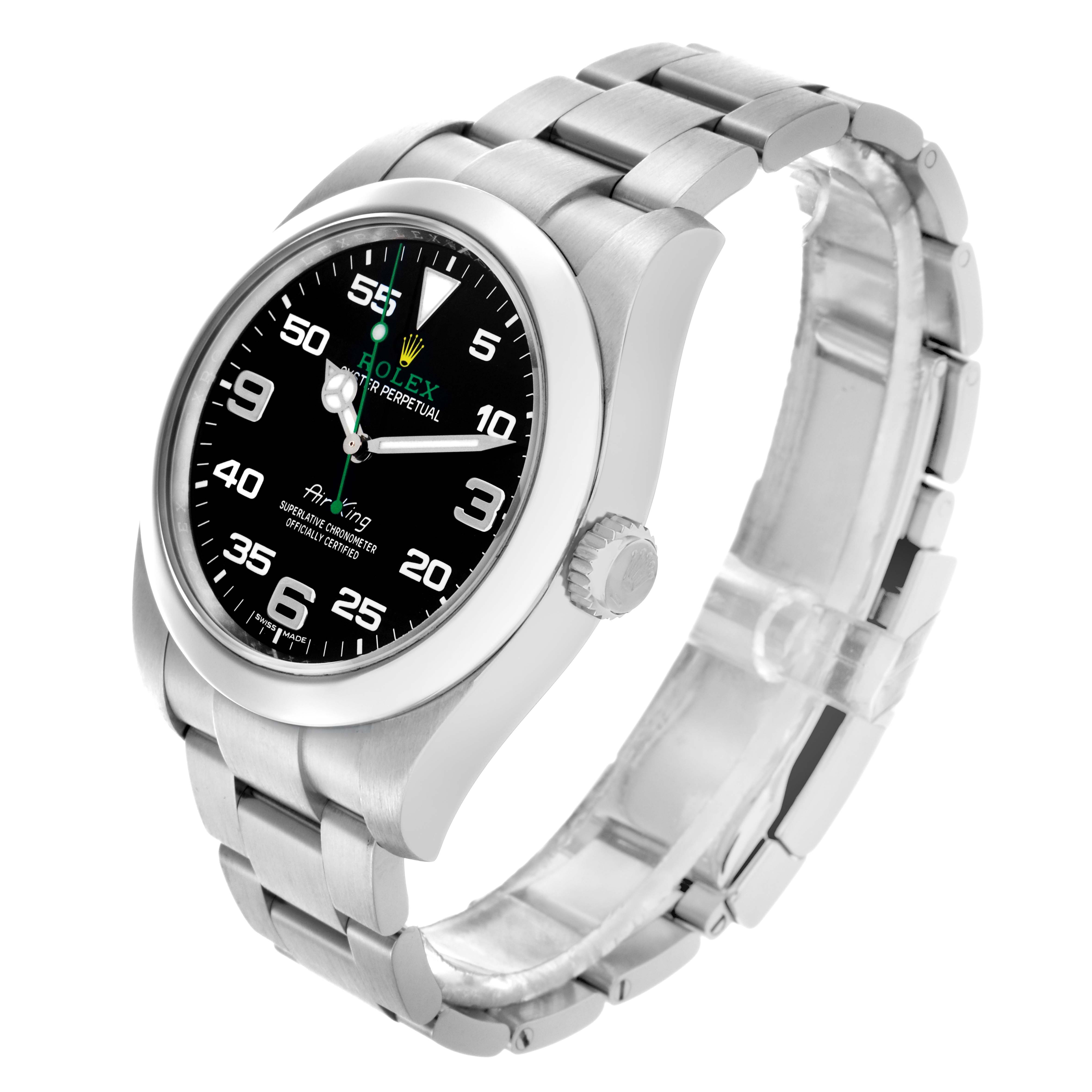 The Rolex Air-King 116900 Men
s Stainless Steel Black Dial 116900 Men
s Stainless Steel Black Dial is shown from a three-quarter angle, displaying the face, bezel, crown, and bracelet.