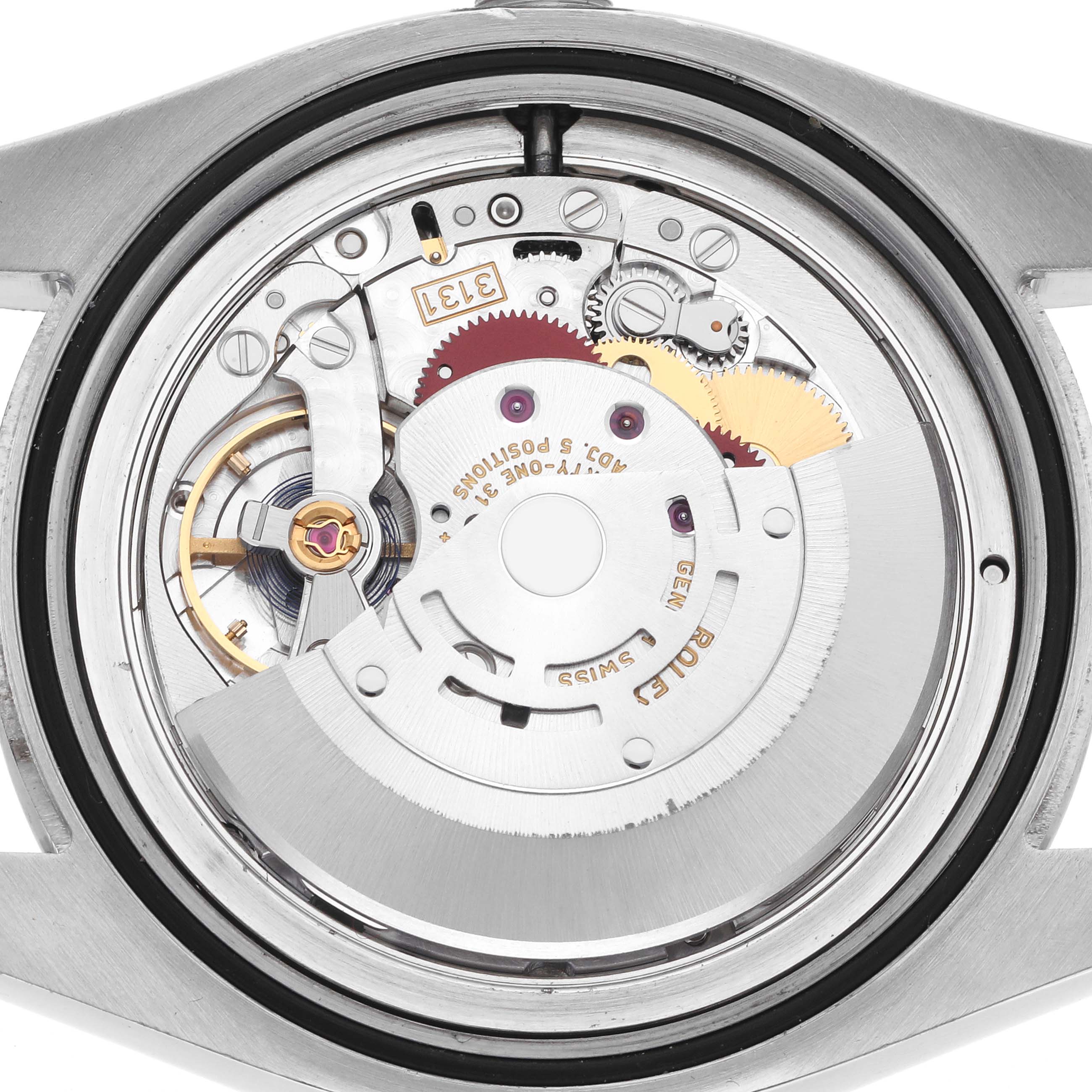 The image shows the back view of a Rolex Air-King 116900 Men
s Stainless Steel Black Dial 116900 Men
s Stainless Steel Black Dial watch, focusing on its intricate internal movement.