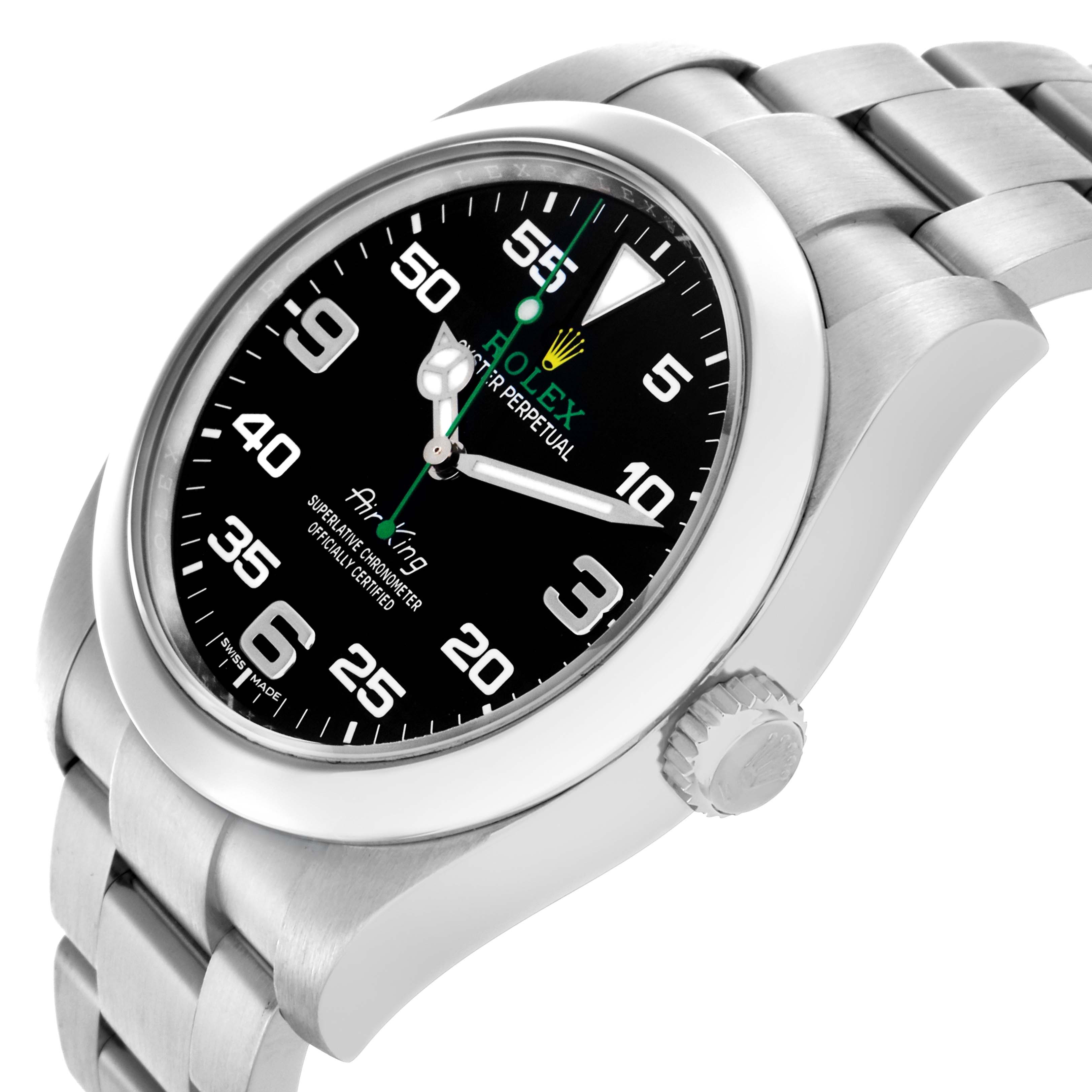 The Rolex Air-King 116900 Men
s Stainless Steel Black Dial 116900 Men
s Stainless Steel Black Dial watch is shown at a tilted angle, displaying the face, bezel, crown, and part of the metal bracelet.