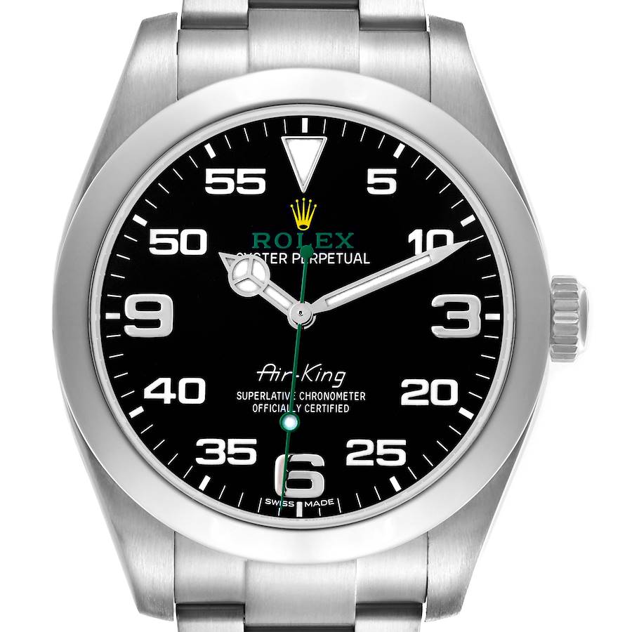 The Rolex Air-King watch is shown from the front, highlighting the black dial, hour markers, and stainless steel bracelet.