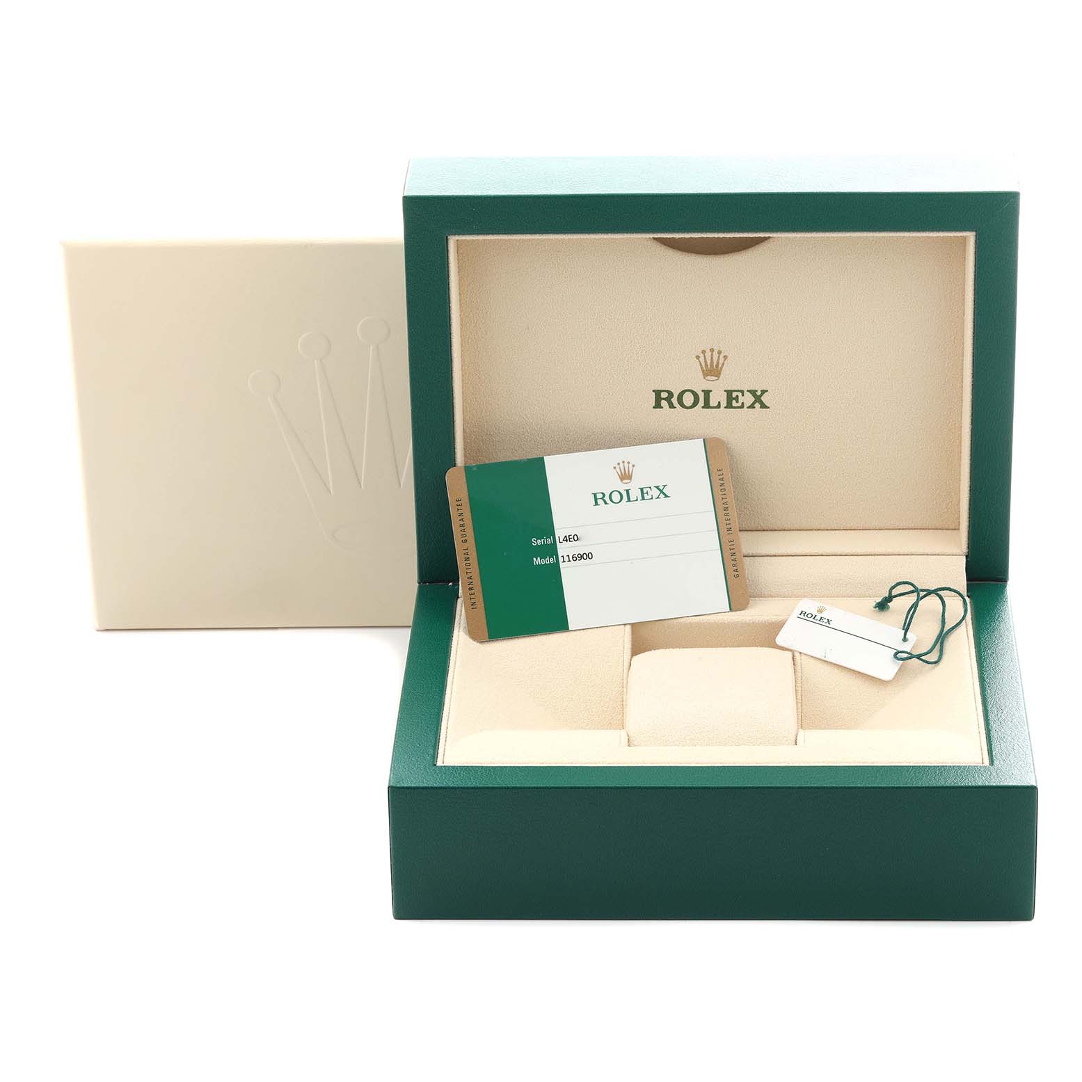 The image shows a Rolex Air-King 116900 Men
s Stainless Steel Black Dial 116900 Men
s Stainless Steel Black Dial box opened, displaying the warranty card and a tag inside.