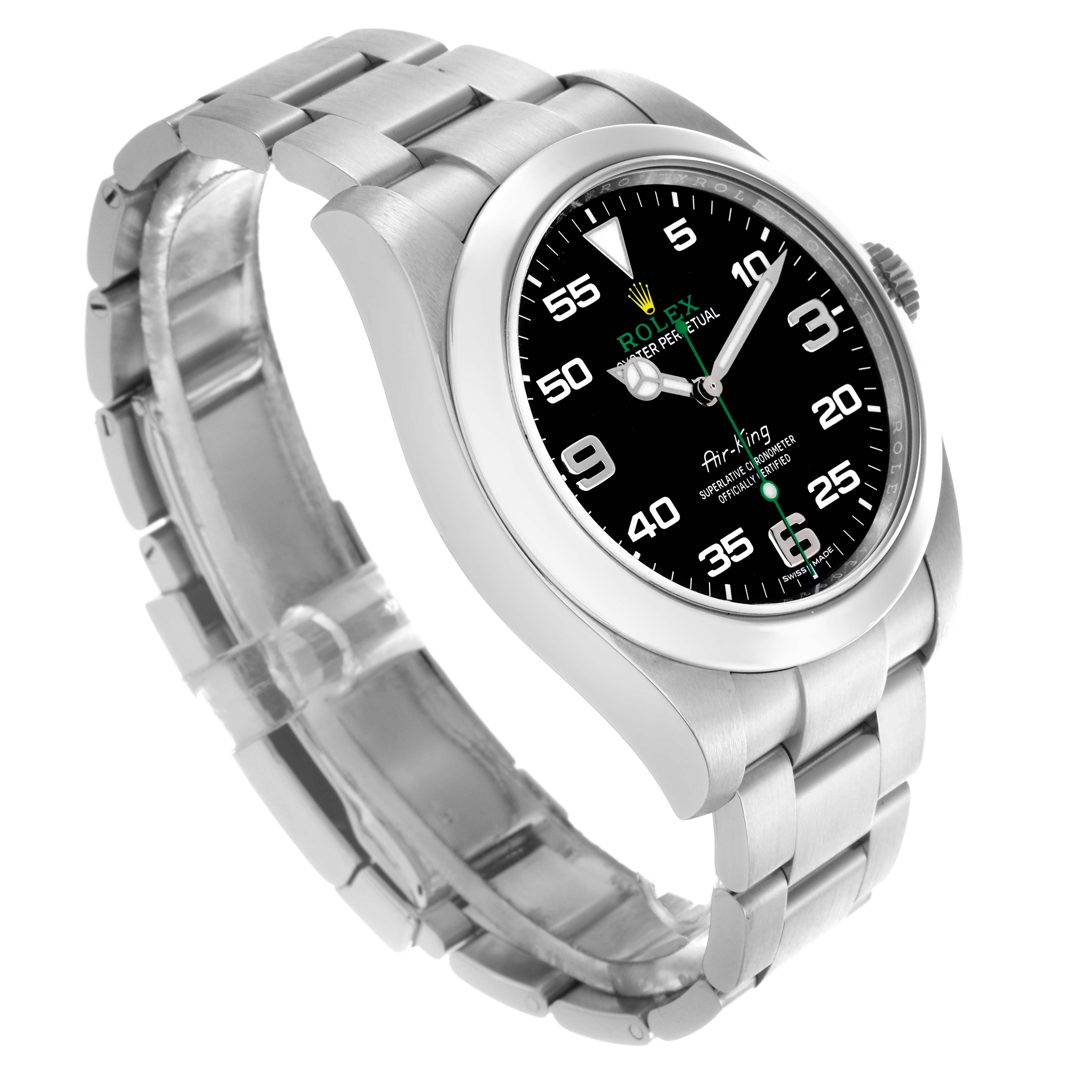 The Rolex Air-King 116900 Men
s Stainless Steel Black Dial 116900 Men
s Stainless Steel Black Dial watch is shown at a three-quarter angle, highlighting the dial, bezel, and bracelet.