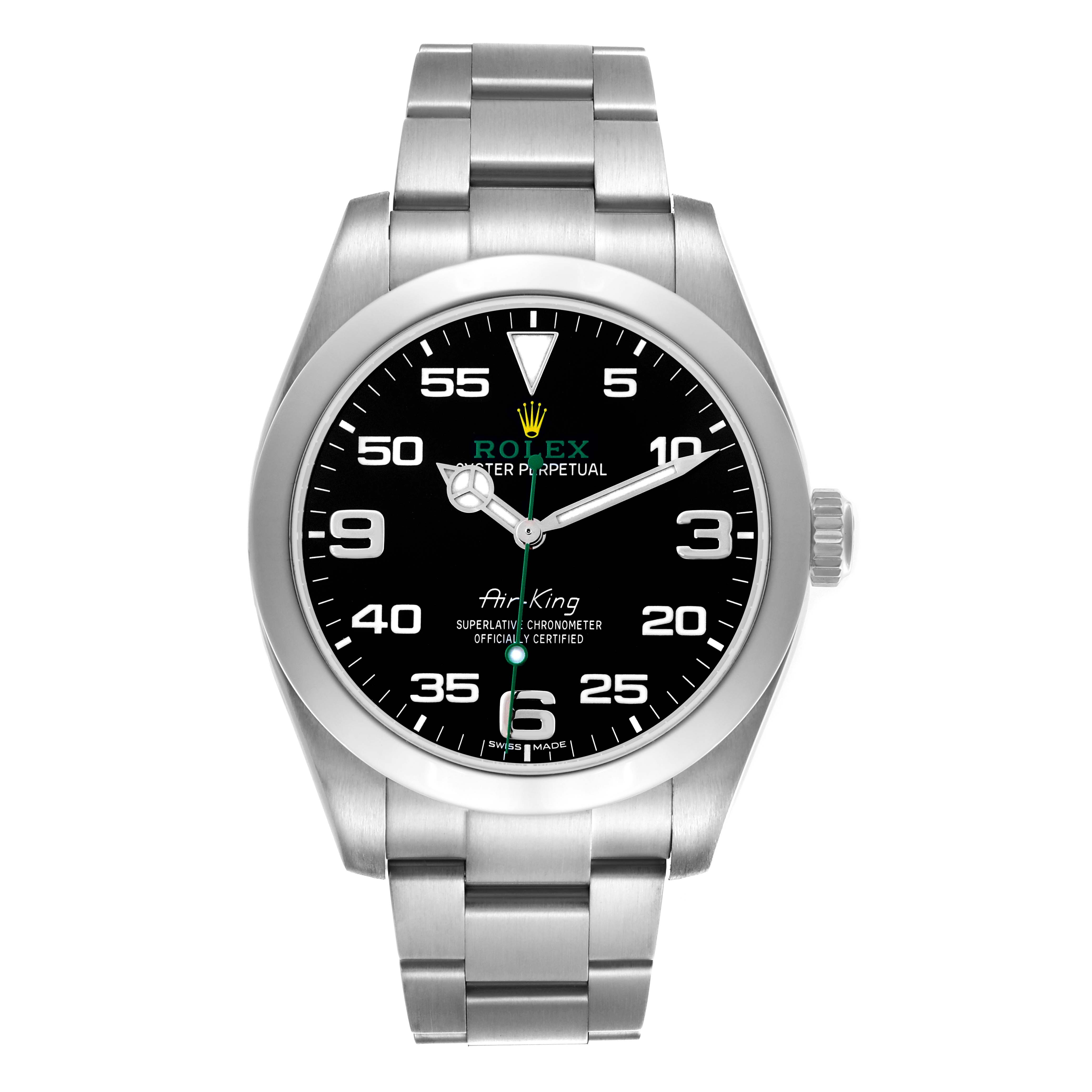 The Rolex Air-King 116900 Men
s Stainless Steel Black Dial 116900 Men
s Stainless Steel Black Dial watch is shown from a front angle, displaying its face, bezel, crown, and bracelet.