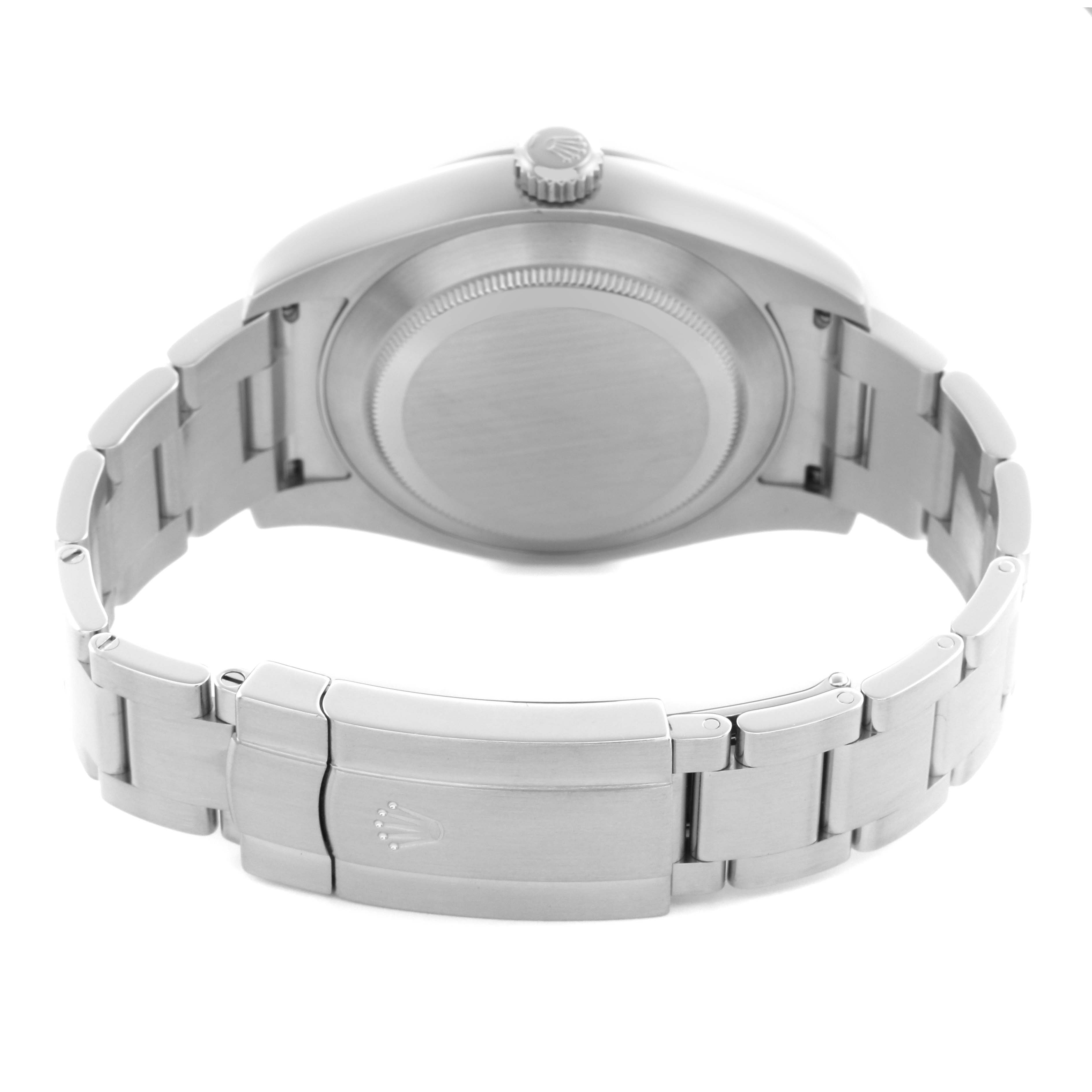 The image shows the back and bracelet of the Rolex Air-King 116900 Men
s Stainless Steel Black Dial 116900 Men
s Stainless Steel Black Dial, emphasizing the clasp and back case.