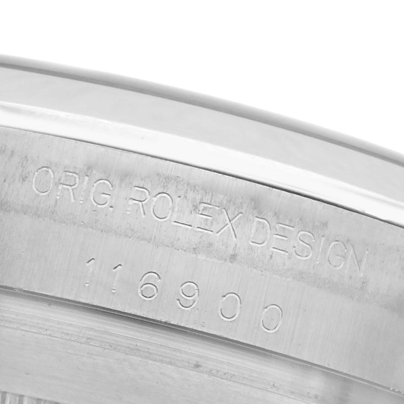 The image shows a close-up of the engraved case side of the Rolex Air-King 116900 Men
s Stainless Steel Black Dial 116900 Men
s Stainless Steel Black Dial, displaying design and model number details.