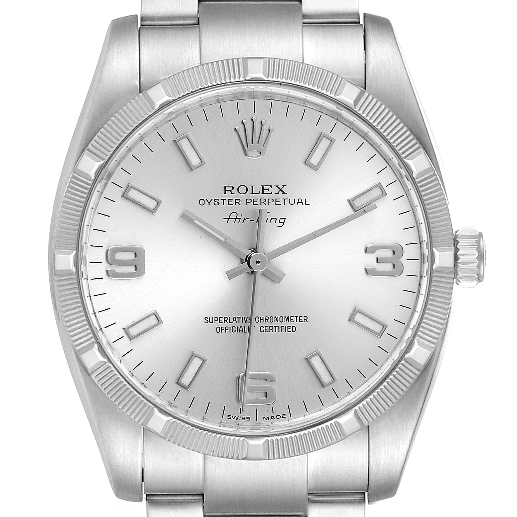 This image shows a front view of a Rolex Air-King 114210 Men's Stainless Steel Silver Dial 114210 Men's Stainless Steel Silver Dial watch, highlighting its face, bezel, and part of the bracelet.