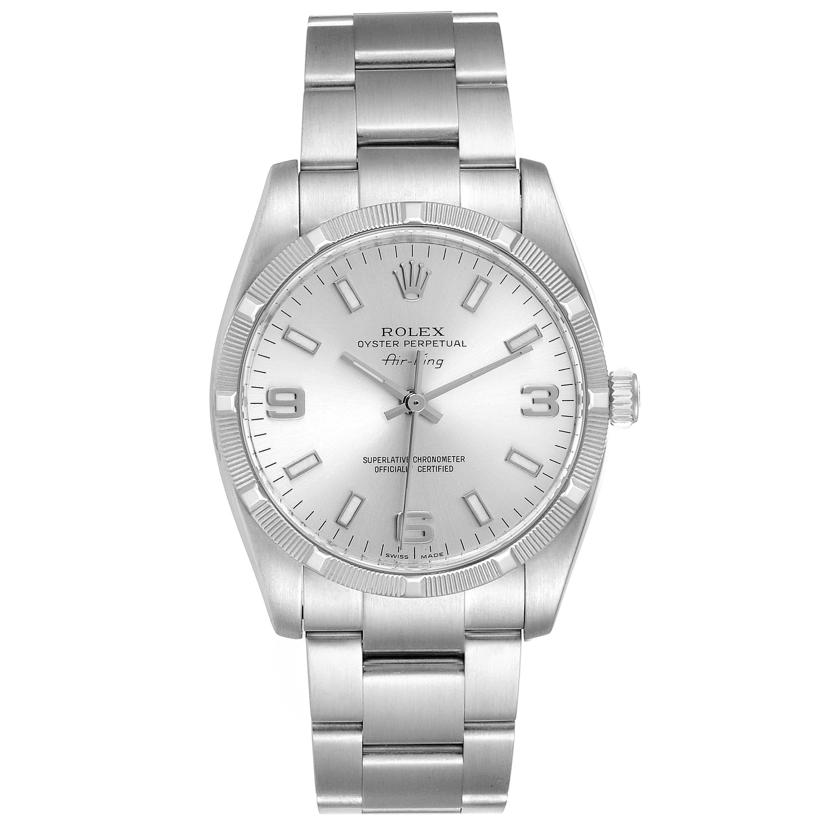 The image shows a frontal view of a Rolex Air-King 114210 Men's Stainless Steel Silver Dial 114210 Men's Stainless Steel Silver Dial watch, highlighting the dial, bezel, case, and bracelet.