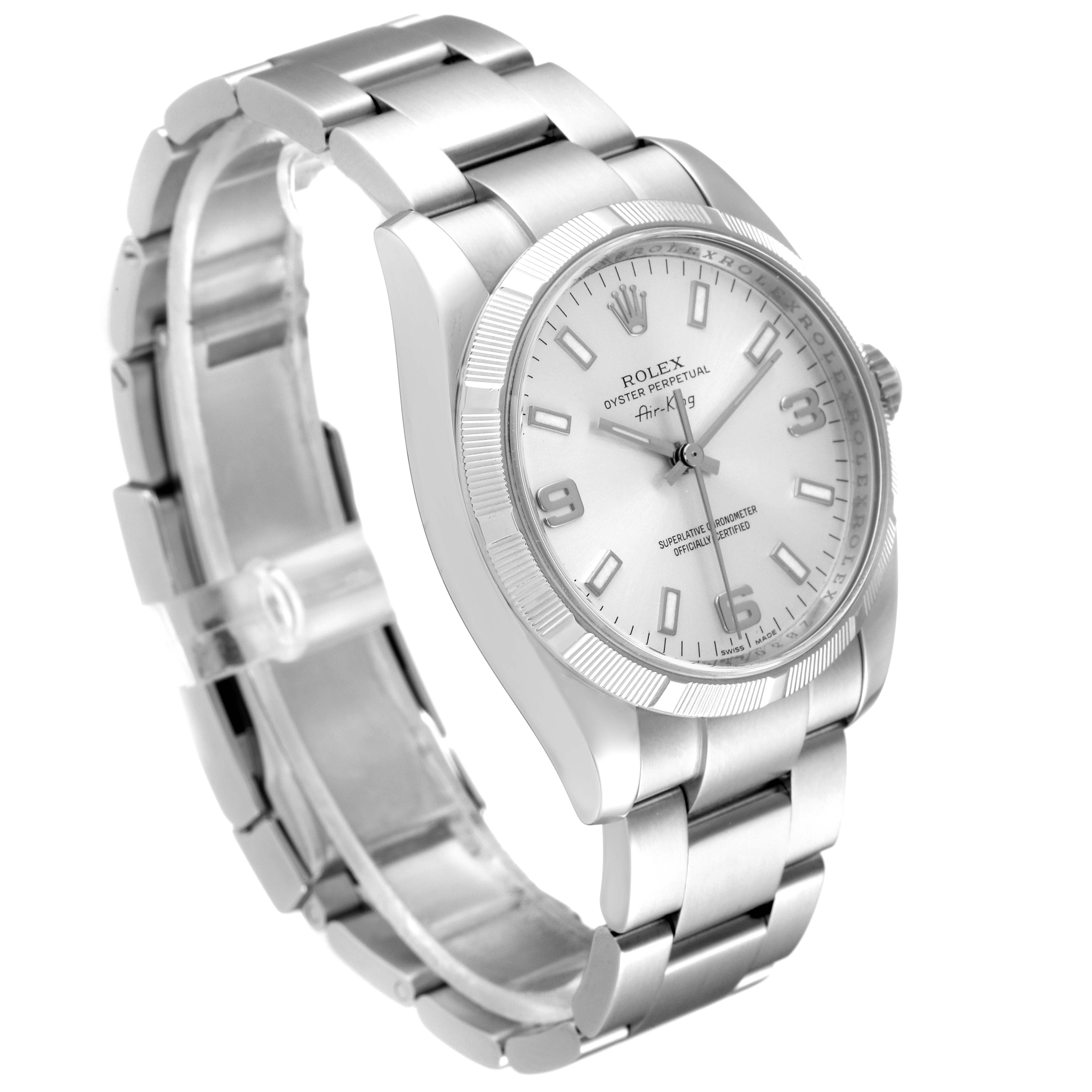 The image shows a Rolex Air-King 114210 Men's Stainless Steel Silver Dial 114210 Men's Stainless Steel Silver Dial watch from a front-left angle, highlighting its dial, bezel, case, and the start of the bracelet.