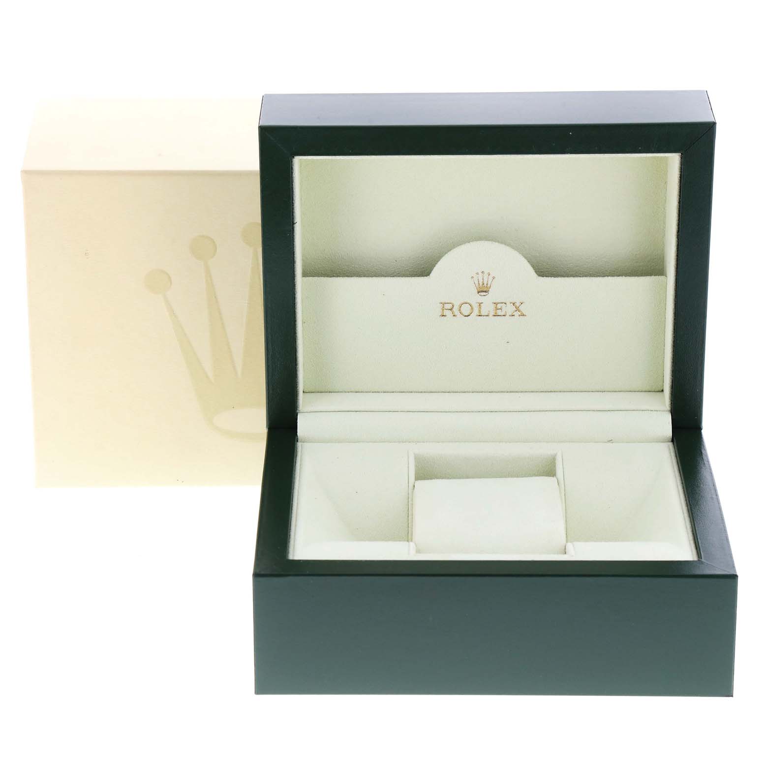 The image shows an open Rolex Air-King 114210 Men's Stainless Steel Silver Dial 114210 Men's Stainless Steel Silver Dial watch box and its packaging viewed from the front.