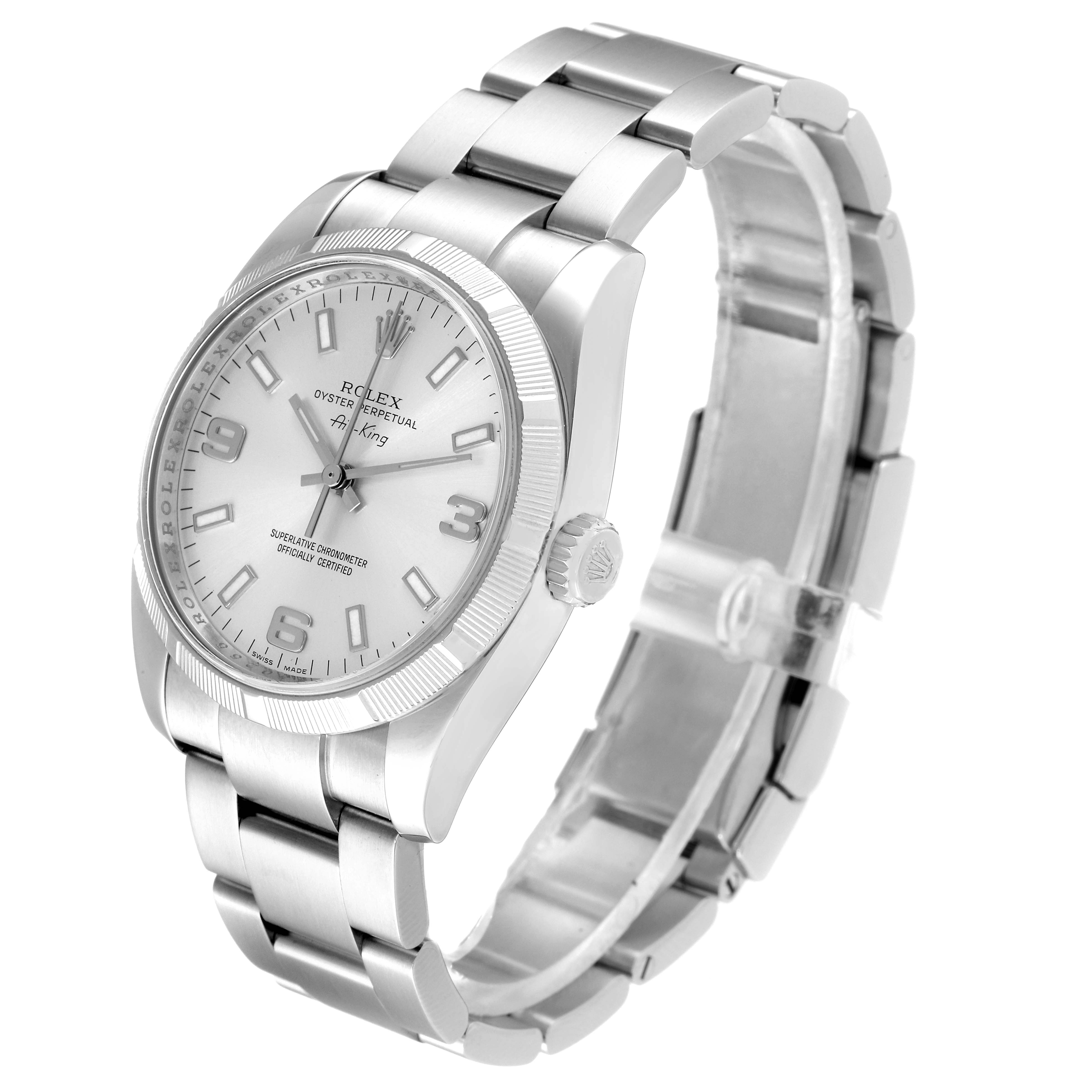 The image shows a side and front angled view of a Rolex Air-King 114210 Men's Stainless Steel Silver Dial 114210 Men's Stainless Steel Silver Dial watch, highlighting the dial, bezel, crown, and bracelet.