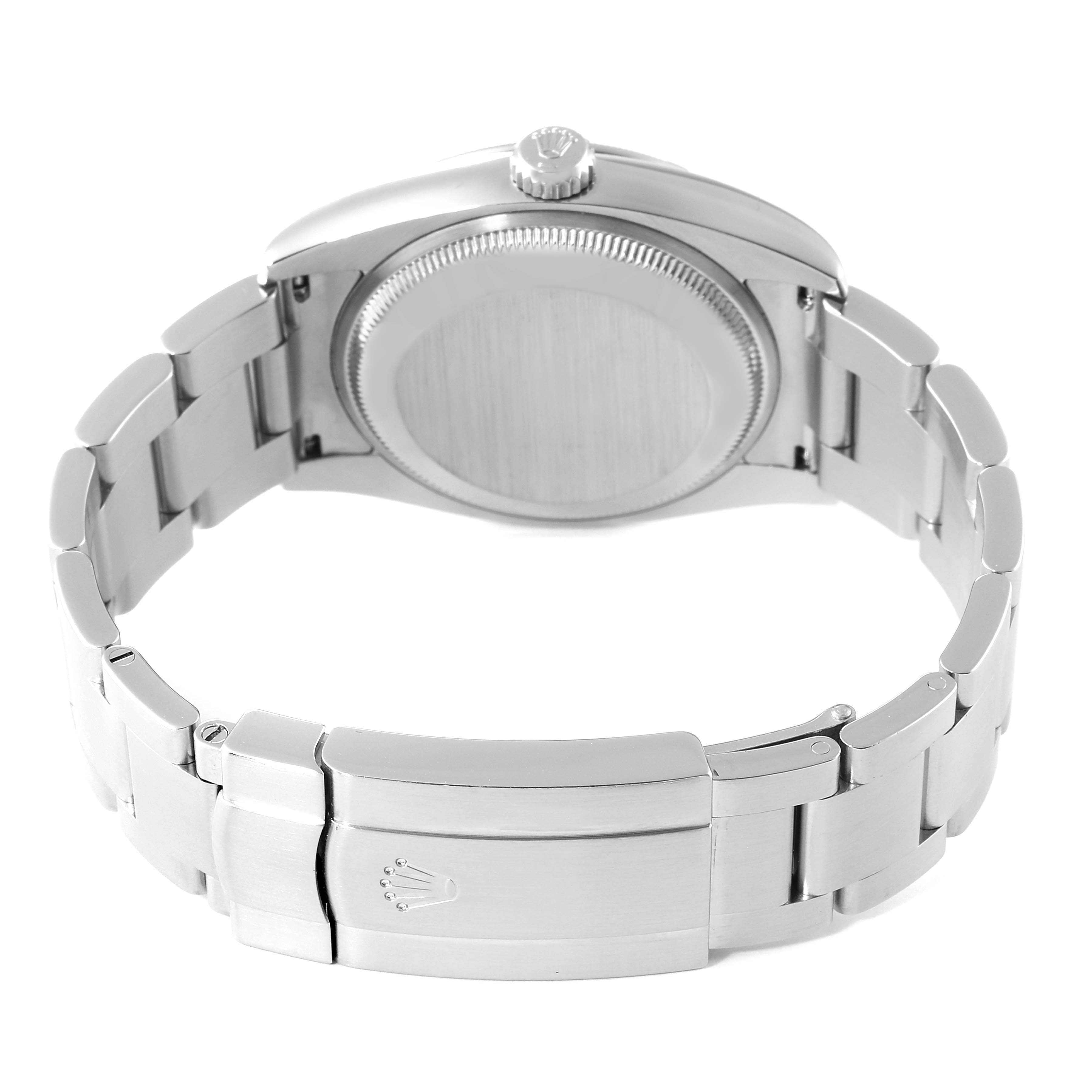The image shows the back view of a Rolex Air-King 114210 Men's Stainless Steel Silver Dial 114210 Men's Stainless Steel Silver Dial watch, highlighting the case back, crown, and bracelet clasp.