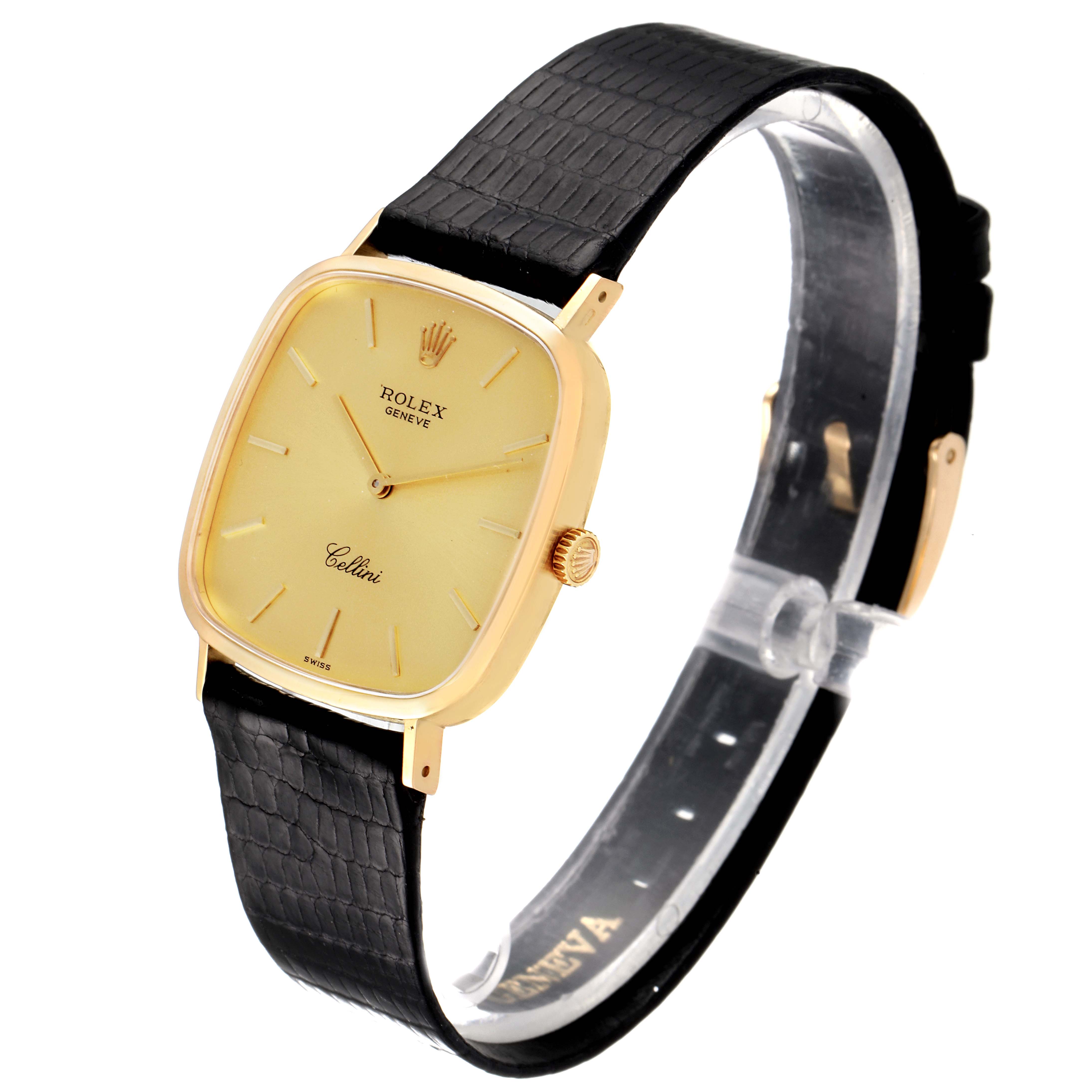 The image shows a Rolex Vintage Collection 4114 Men's Yellow Gold Champagne Dial 4114 Men's Yellow Gold Champagne Dial watch at a slight angle, highlighting its gold dial, case, and black leather strap.