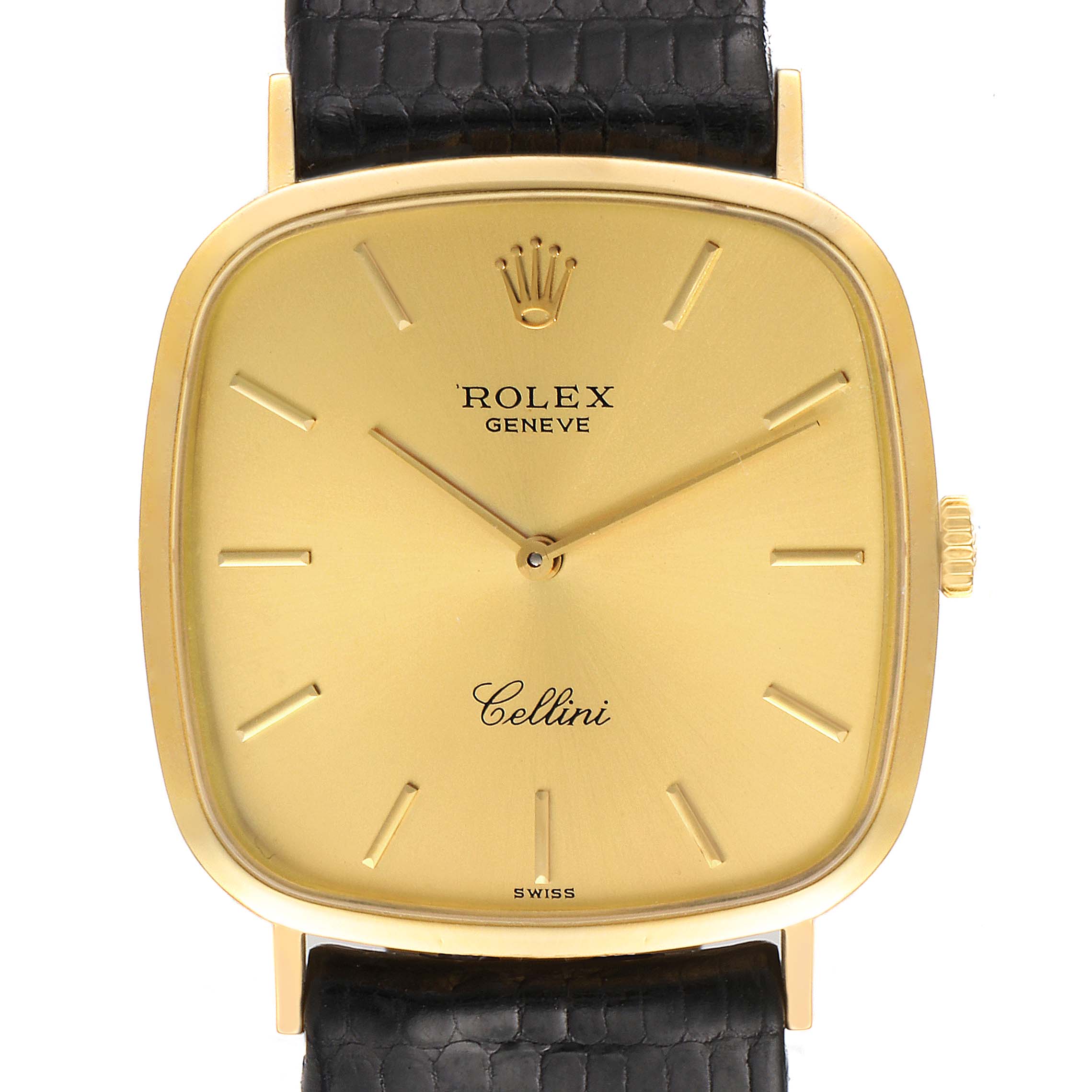 The image shows a front view of the Rolex Vintage Collection 4114 Men's Yellow Gold Champagne Dial 4114 Men's Yellow Gold Champagne Dial Cellini model with a gold dial and black leather strap.