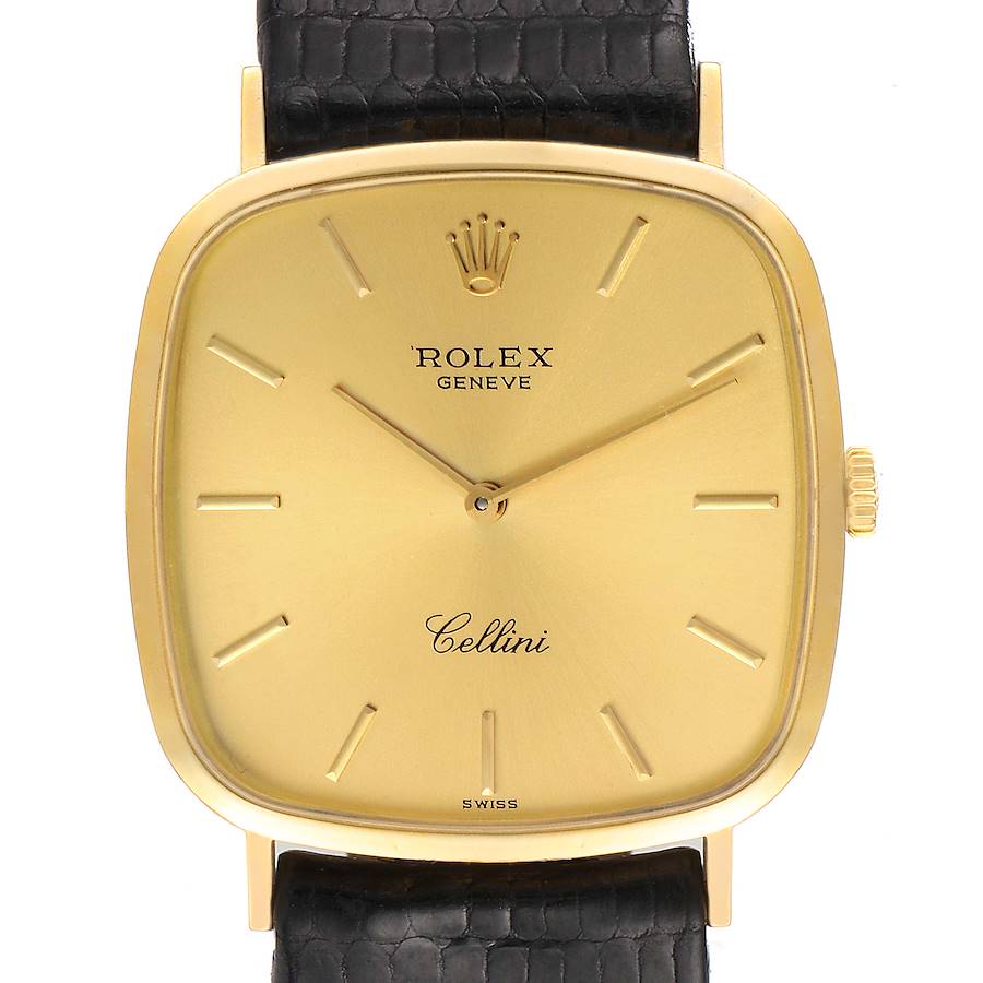 Rolex Cellini 18k Yellow Gold Black Strap Mens Vintage Watch 4114 SwissWatchExpo