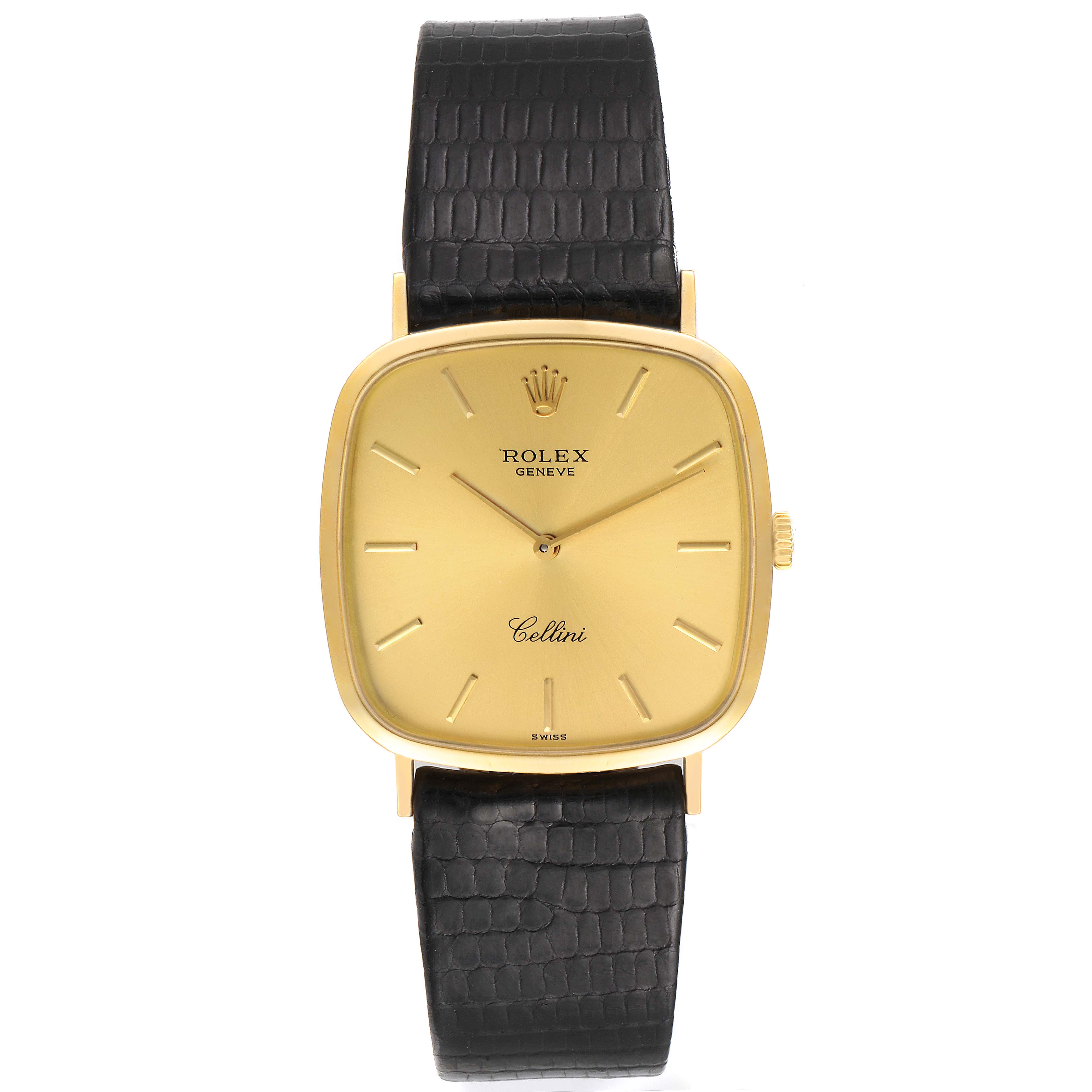 This image shows the front view of the Rolex Vintage Collection 4114 Men's Yellow Gold Champagne Dial 4114 Men's Yellow Gold Champagne Dial Cellini model, featuring its gold dial and black leather strap.