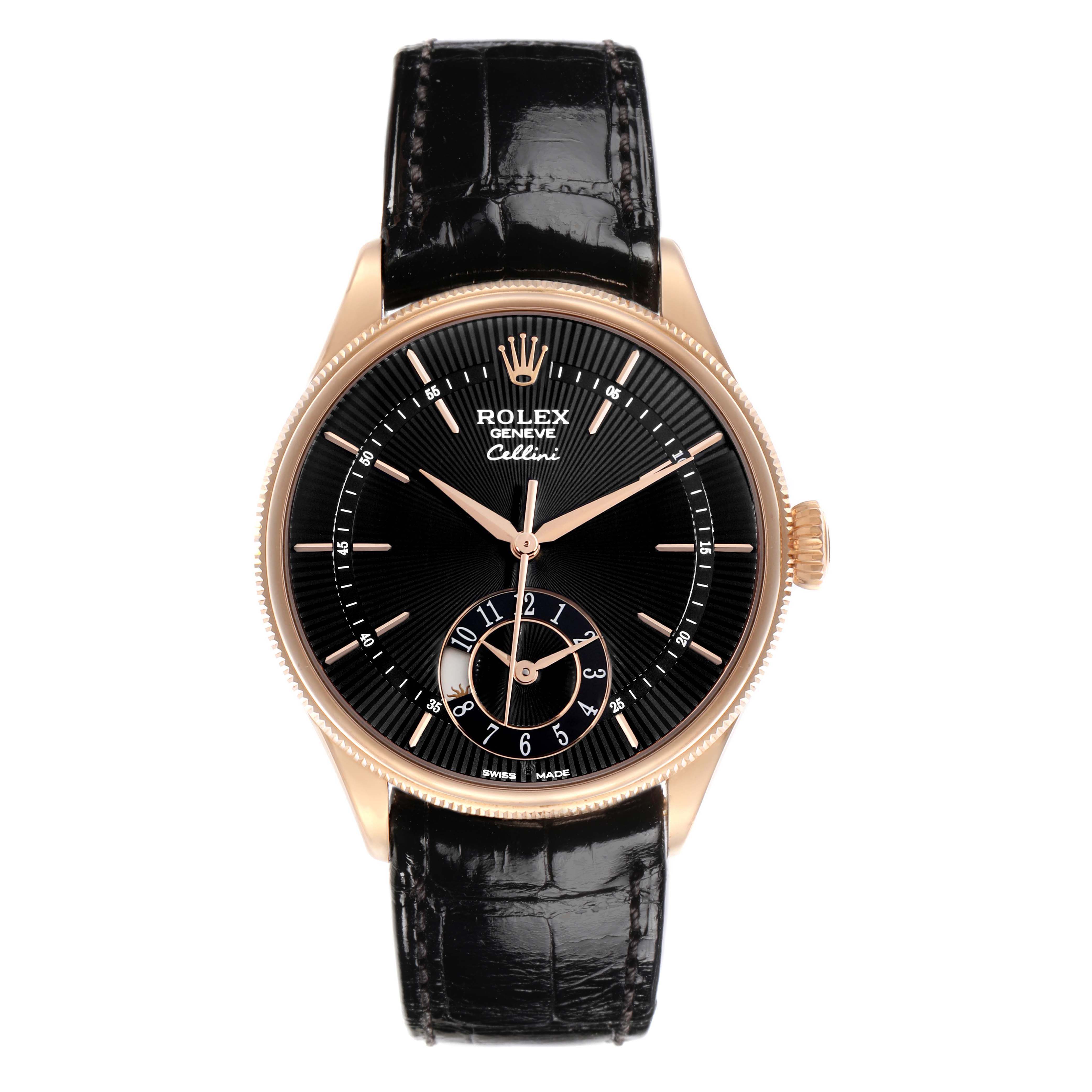 The Rolex Cellini 50525 Men
s Rose Gold Black Dial 50525 Men
s Rose Gold Black Dial watch is shown from the front, displaying its black dial and leather strap.