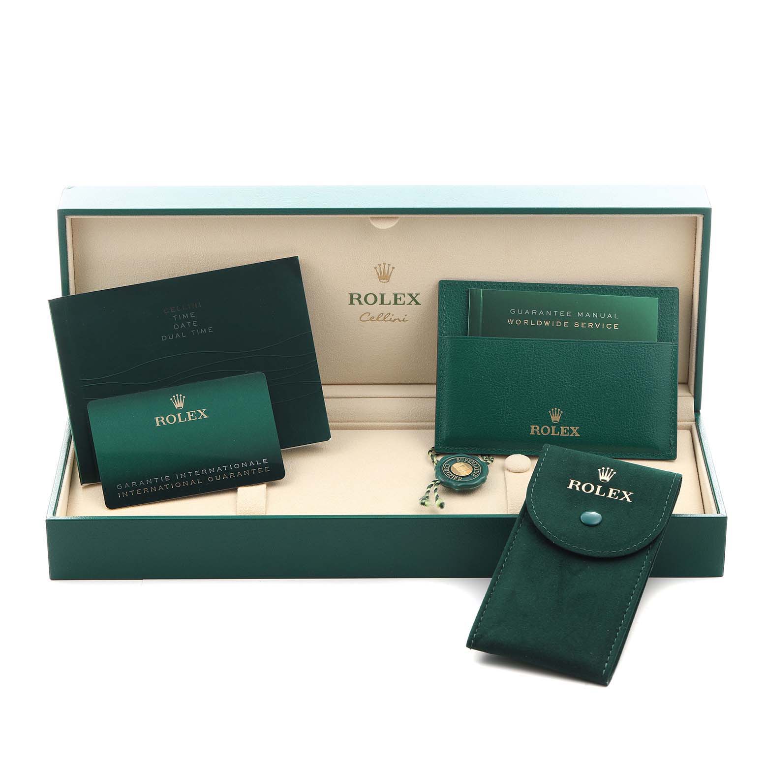 The image shows Rolex Cellini 50525 Men
s Rose Gold Black Dial 50525 Men
s Rose Gold Black Dial packaging, including booklets, a green pouch, and a hang tag, all set in an open box.