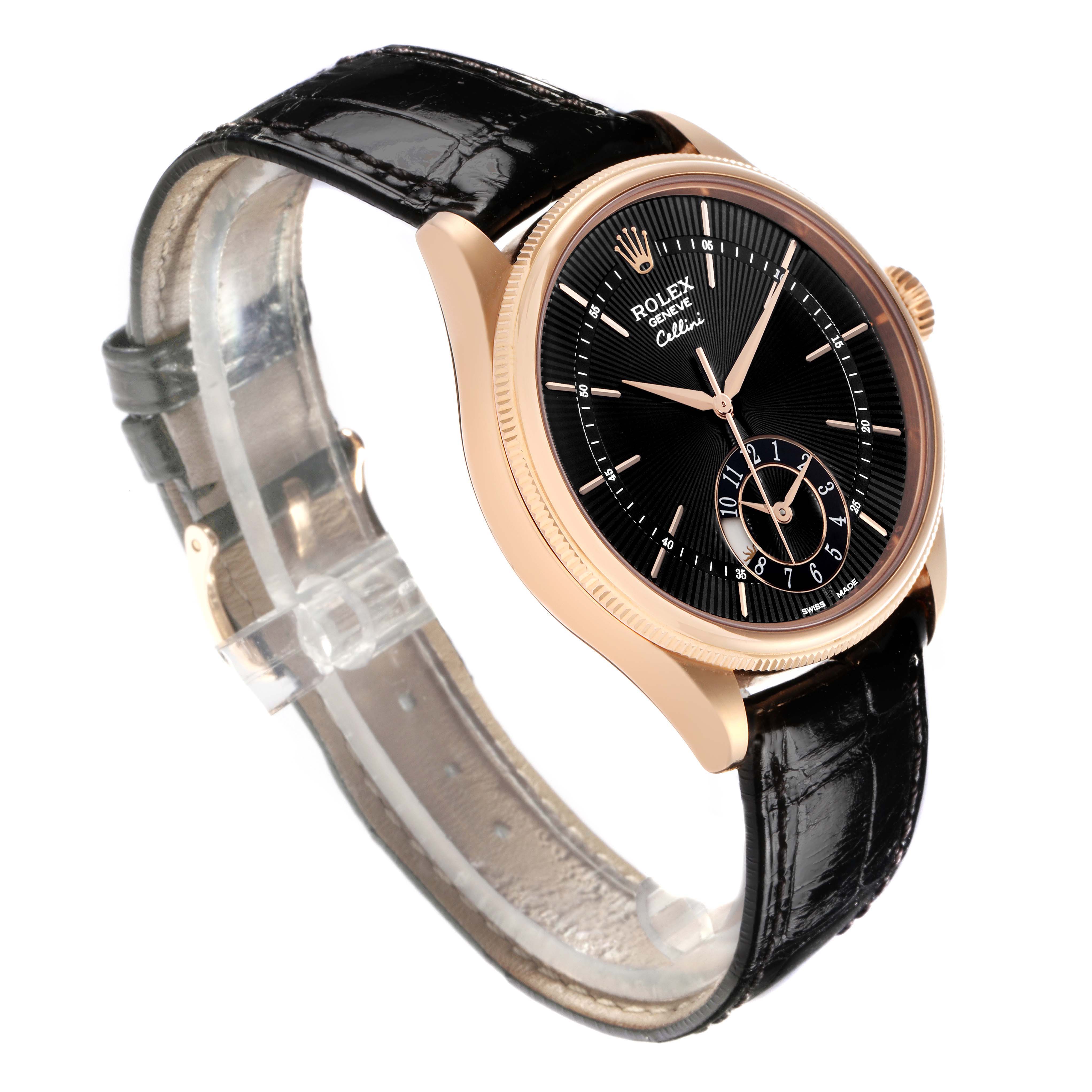 The Rolex Cellini 50525 Men
s Rose Gold Black Dial 50525 Men
s Rose Gold Black Dial watch is shown at a three-quarter angle, displaying the dial, crown, and leather strap.