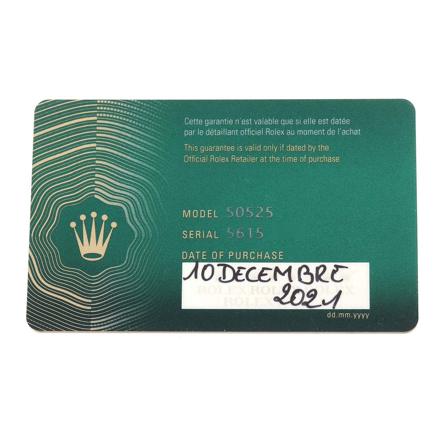 The image shows a guarantee card for the Rolex Cellini 50525 Men
s Rose Gold Black Dial 50525 Men
s Rose Gold Black Dial model 50525, with serial number and purchase date visible.