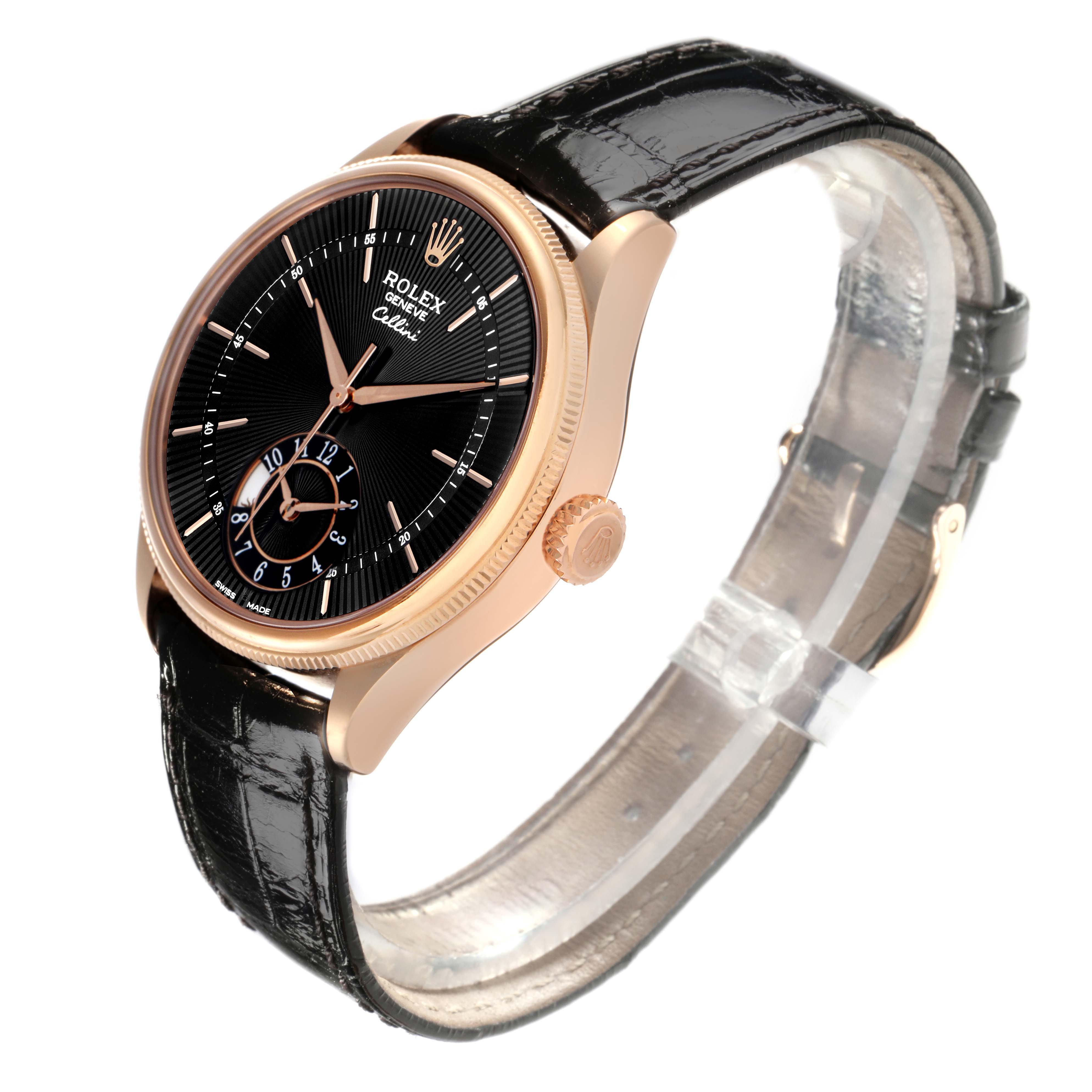 The Rolex Cellini 50525 Men
s Rose Gold Black Dial 50525 Men
s Rose Gold Black Dial watch is shown at a three-quarter angle, displaying the dial, case, crown, and leather strap.