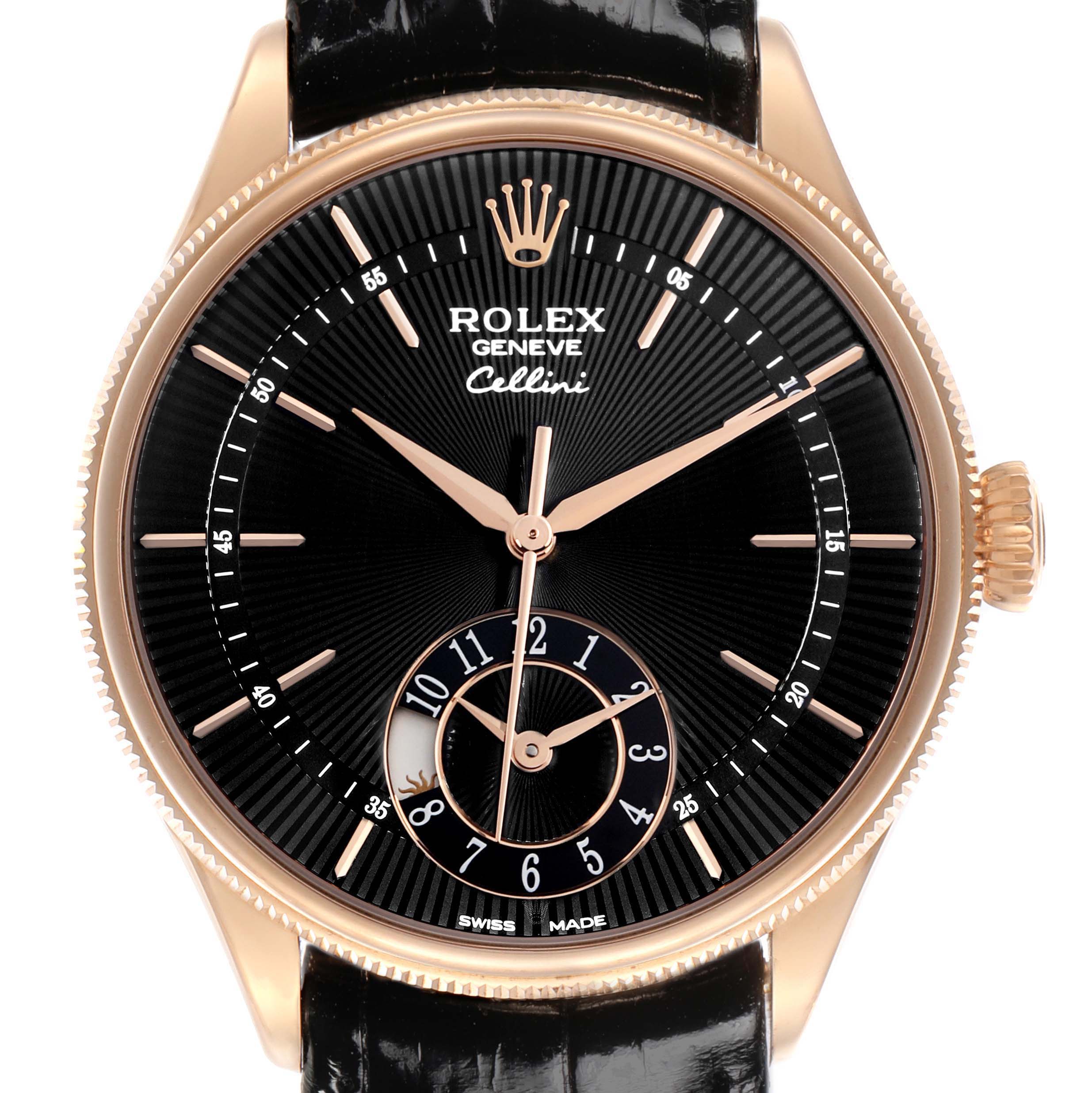 The Rolex Cellini 50525 Men
s Rose Gold Black Dial 50525 Men
s Rose Gold Black Dial watch is shown from a front angle, highlighting its black dial, rose gold case, and leather strap.