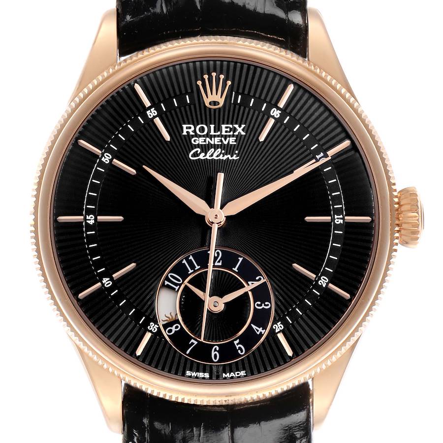 The Rolex Cellini watch is shown from a front angle, highlighting its black dial, rose gold case, and leather strap.