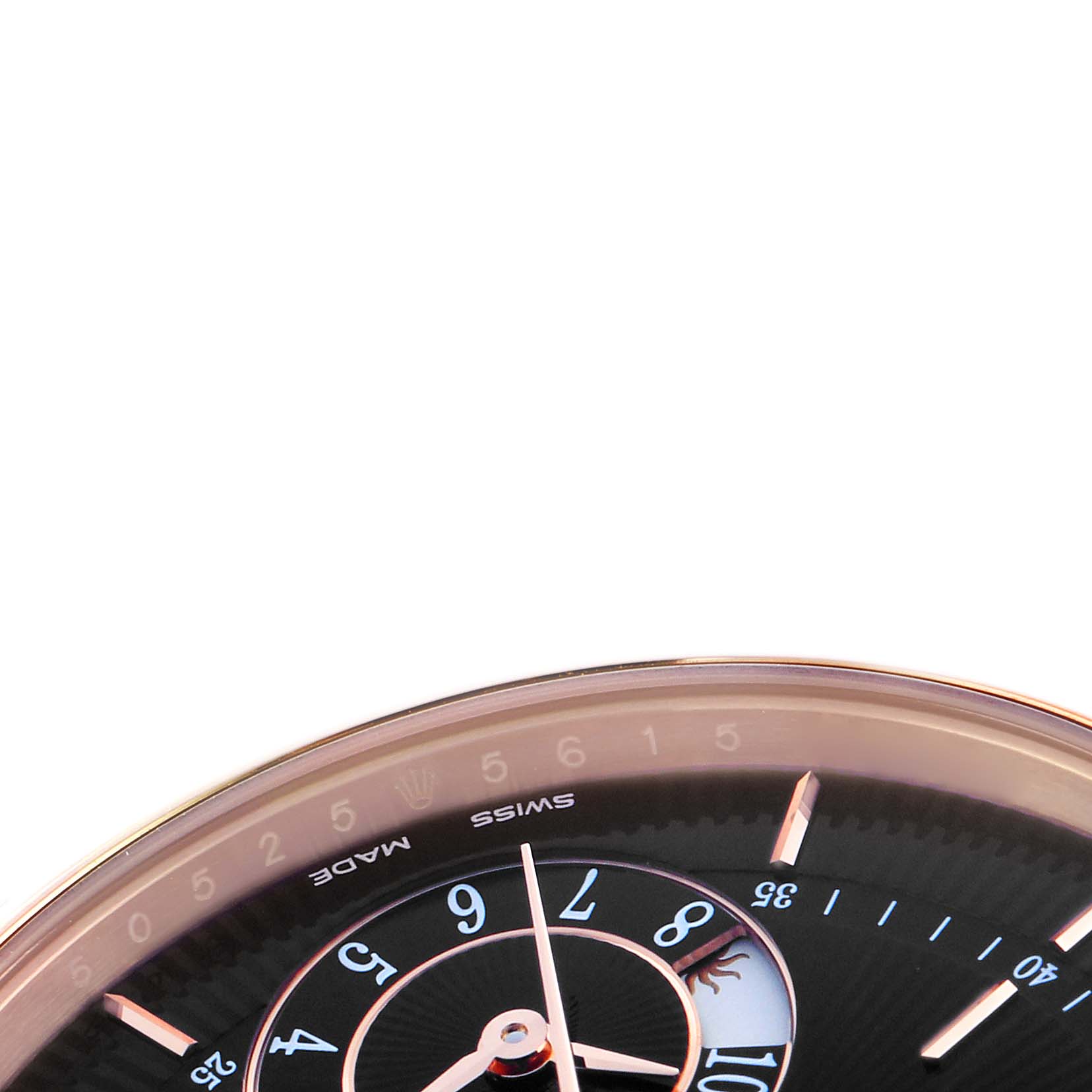 The image shows a partial top view of the Rolex Cellini 50525 Men
s Rose Gold Black Dial 50525 Men
s Rose Gold Black Dial watch face, highlighting the dial and partial bezel.