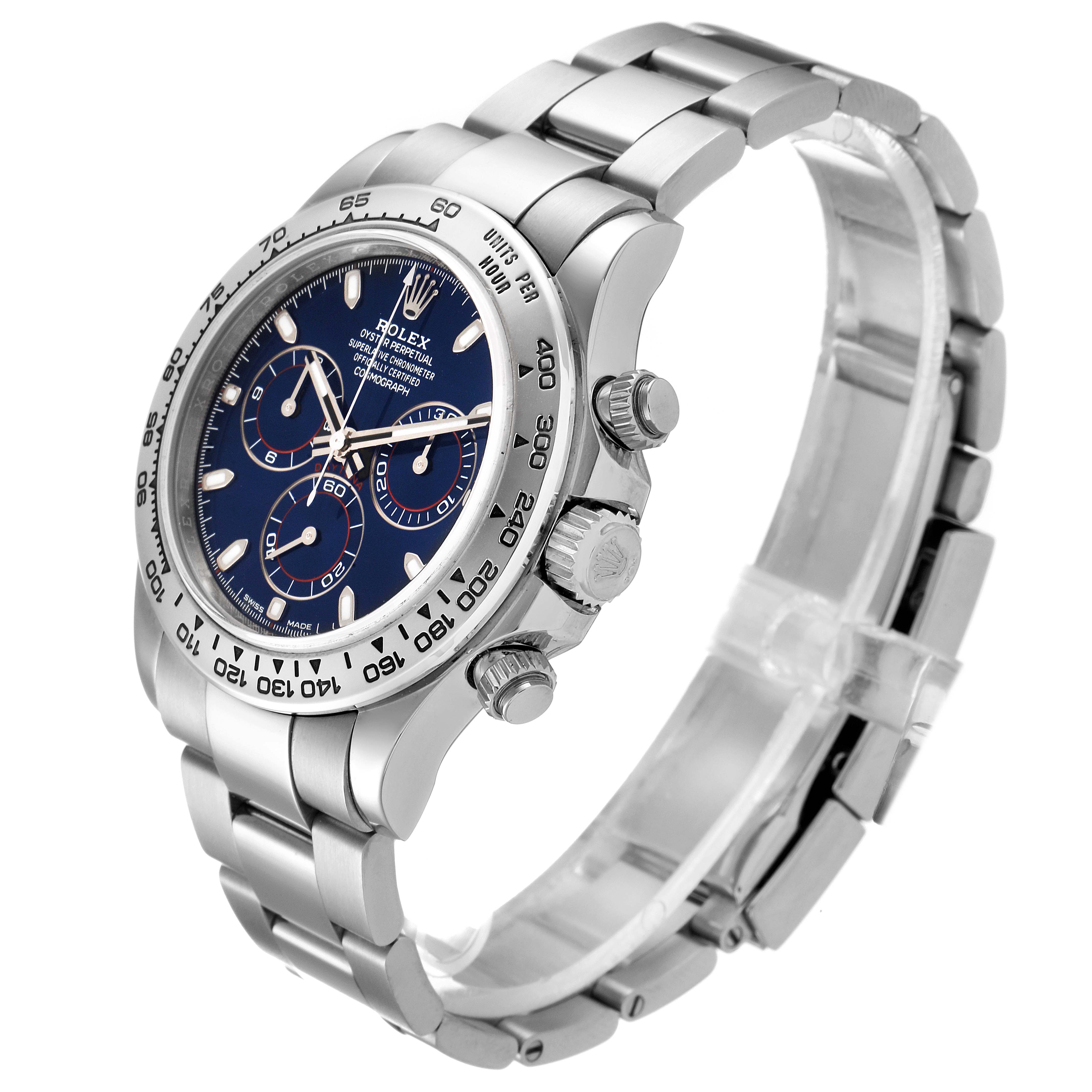 The image shows a side angle of the Rolex Daytona 116509 Men's White Gold Blue Dial 116509 Men's White Gold Blue Dial watch, highlighting its bezel, crown, and bracelet.