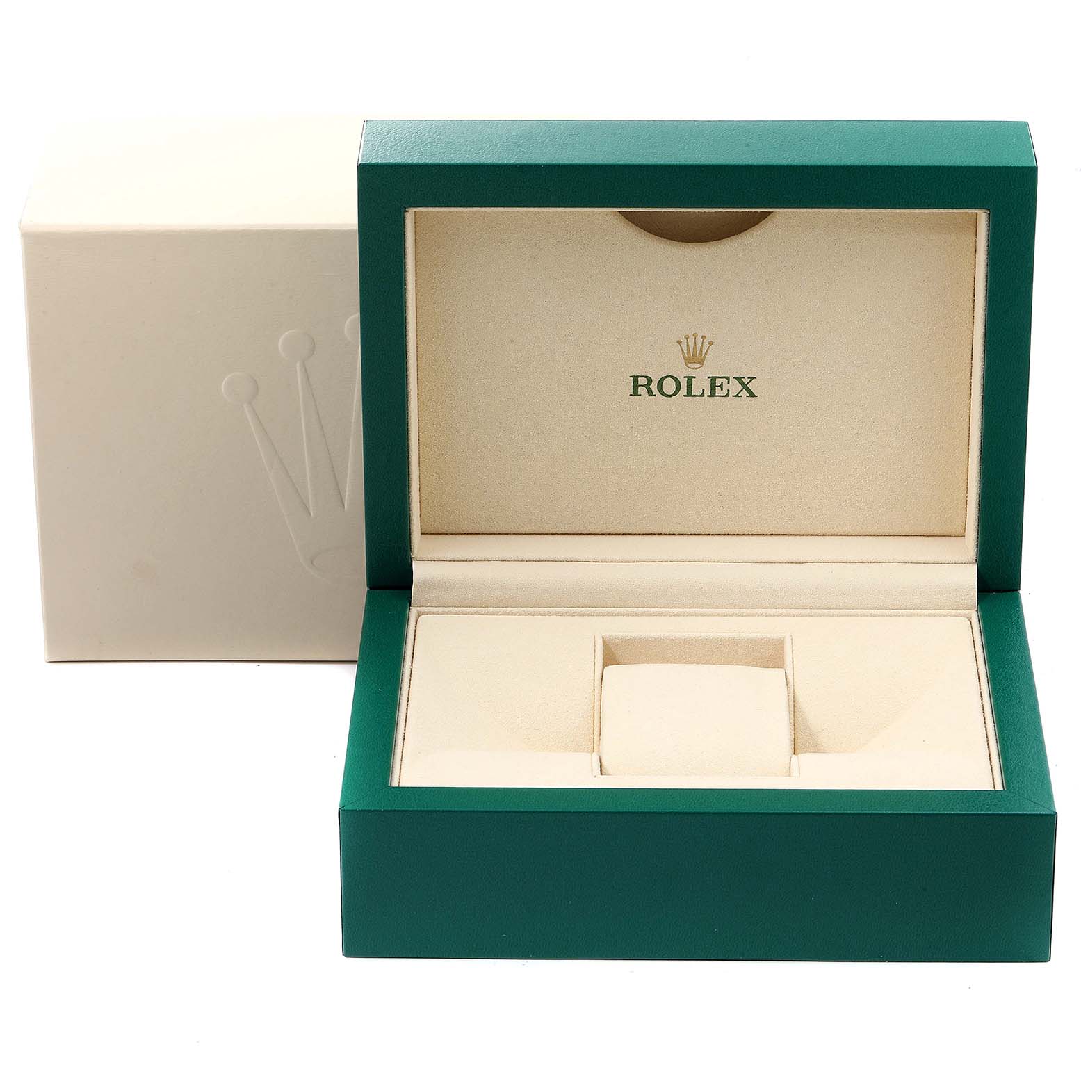 This image shows an open Rolex Daytona 116509 Men's White Gold Blue Dial 116509 Men's White Gold Blue Dial watch box, revealing its beige interior and a separate cream outer box.