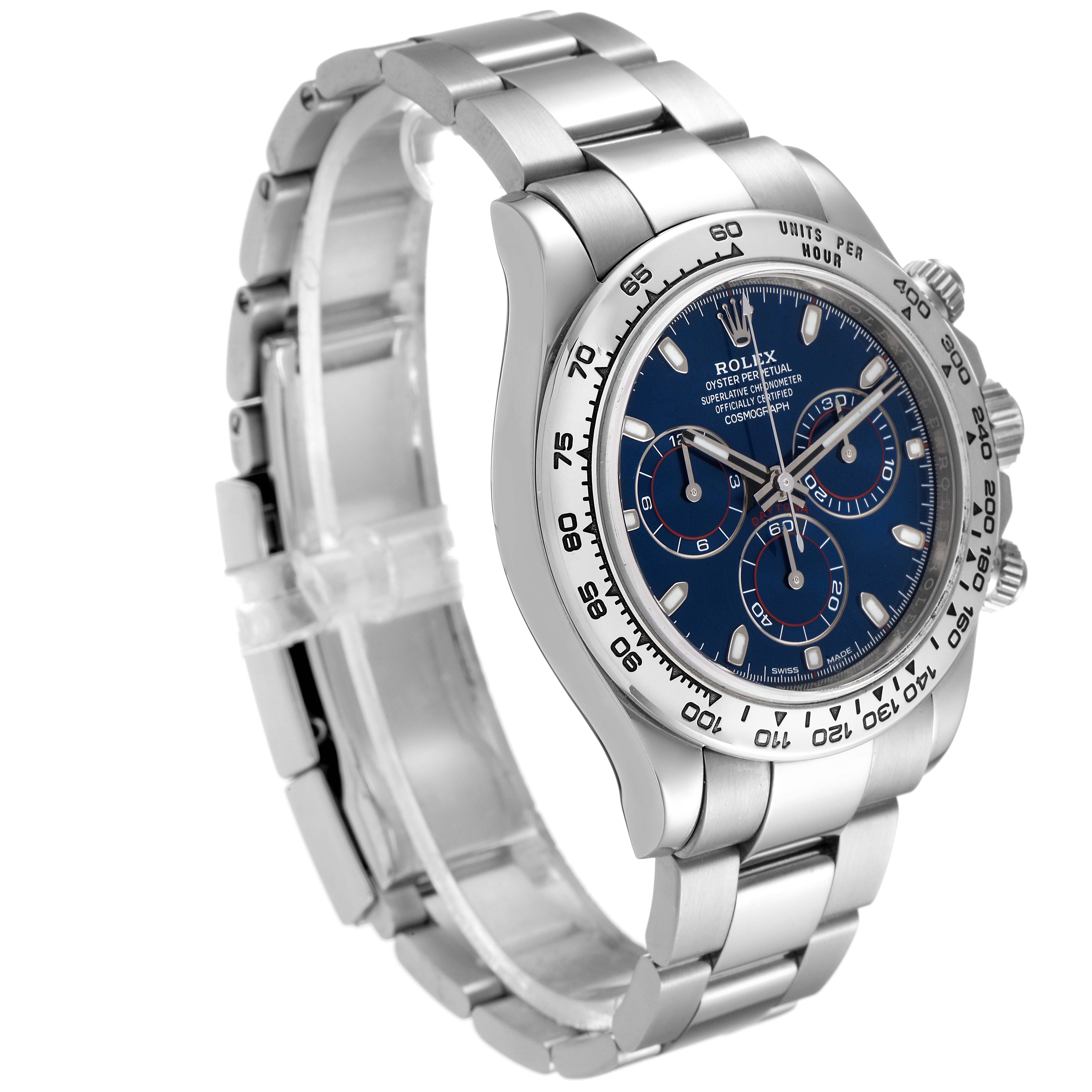 This image shows a side-angle view of a Rolex Daytona 116509 Men's White Gold Blue Dial 116509 Men's White Gold Blue Dial watch, highlighting its stainless steel bracelet and blue dial.