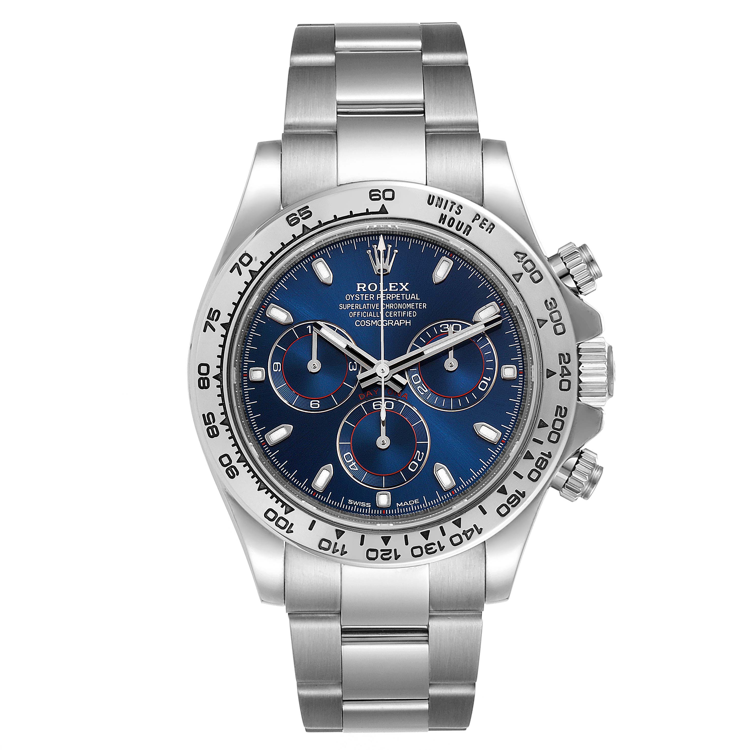 The image shows a frontal view of a Rolex Daytona 116509 Men's White Gold Blue Dial 116509 Men's White Gold Blue Dial watch, highlighting the face, bezel, and bracelet.