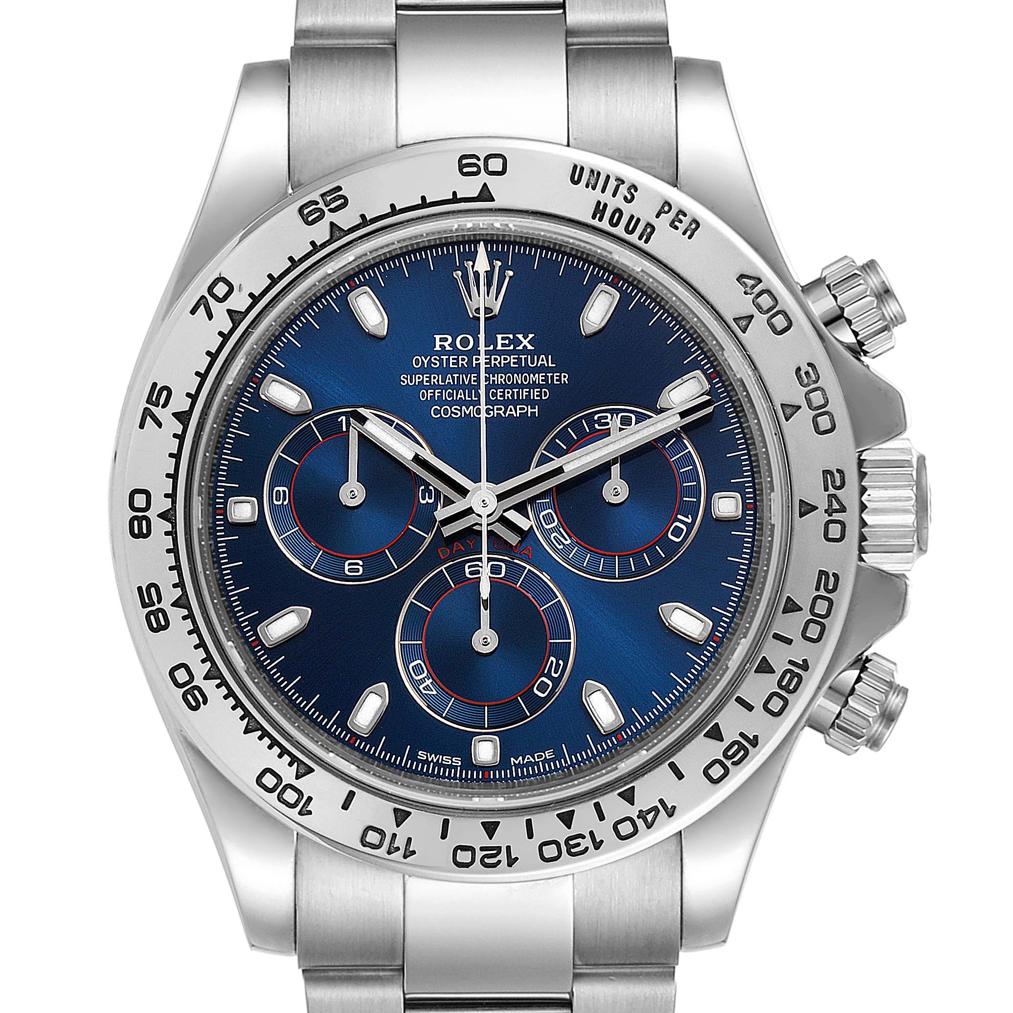 This image shows a front view of a Rolex Daytona 116509 Men's White Gold Blue Dial 116509 Men's White Gold Blue Dial watch, displaying the dial, bezel, and part of the bracelet.