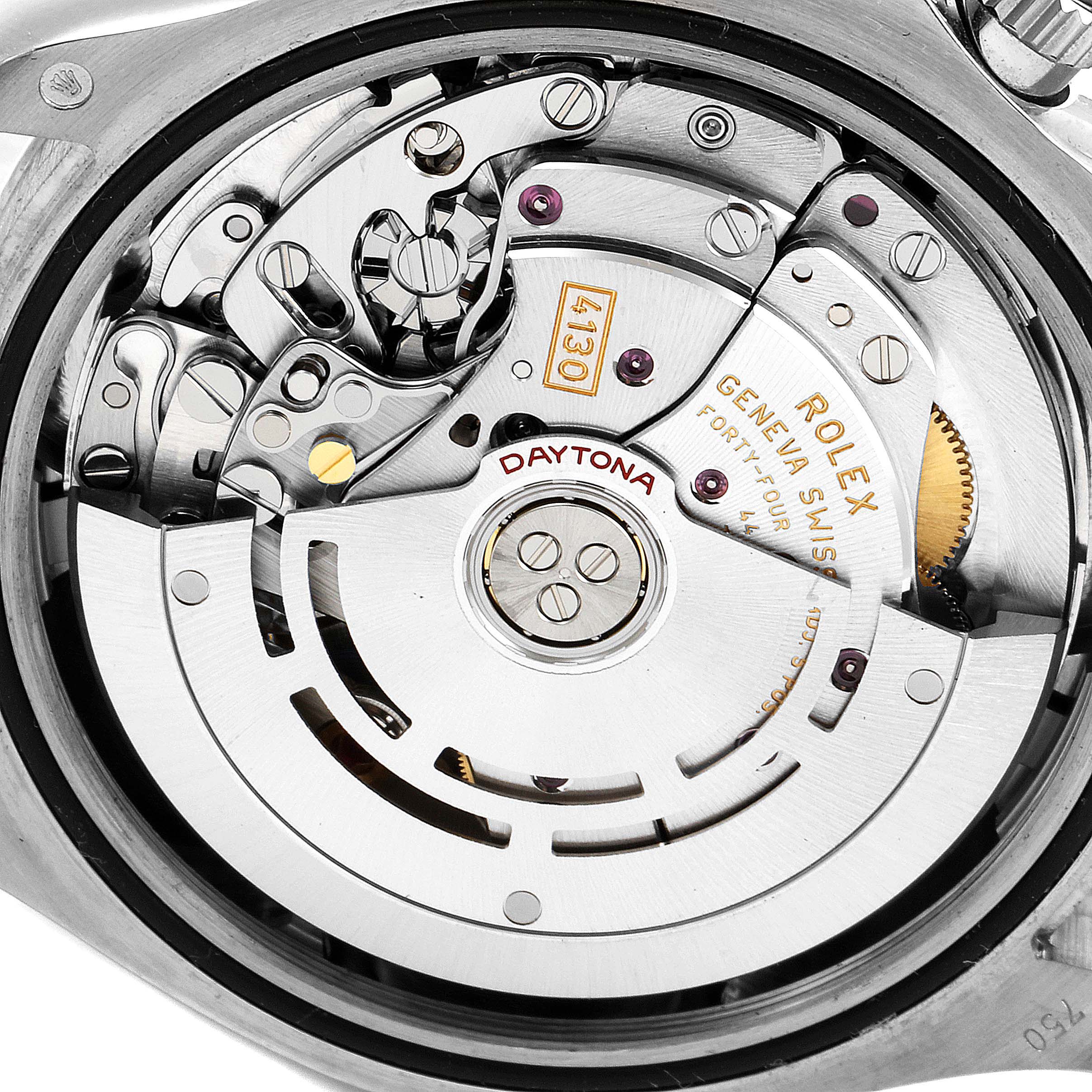 This image shows the back view of the Rolex Daytona 116509 Men's White Gold Blue Dial 116509 Men's White Gold Blue Dial watch, focusing on its intricate movement and internal mechanisms.