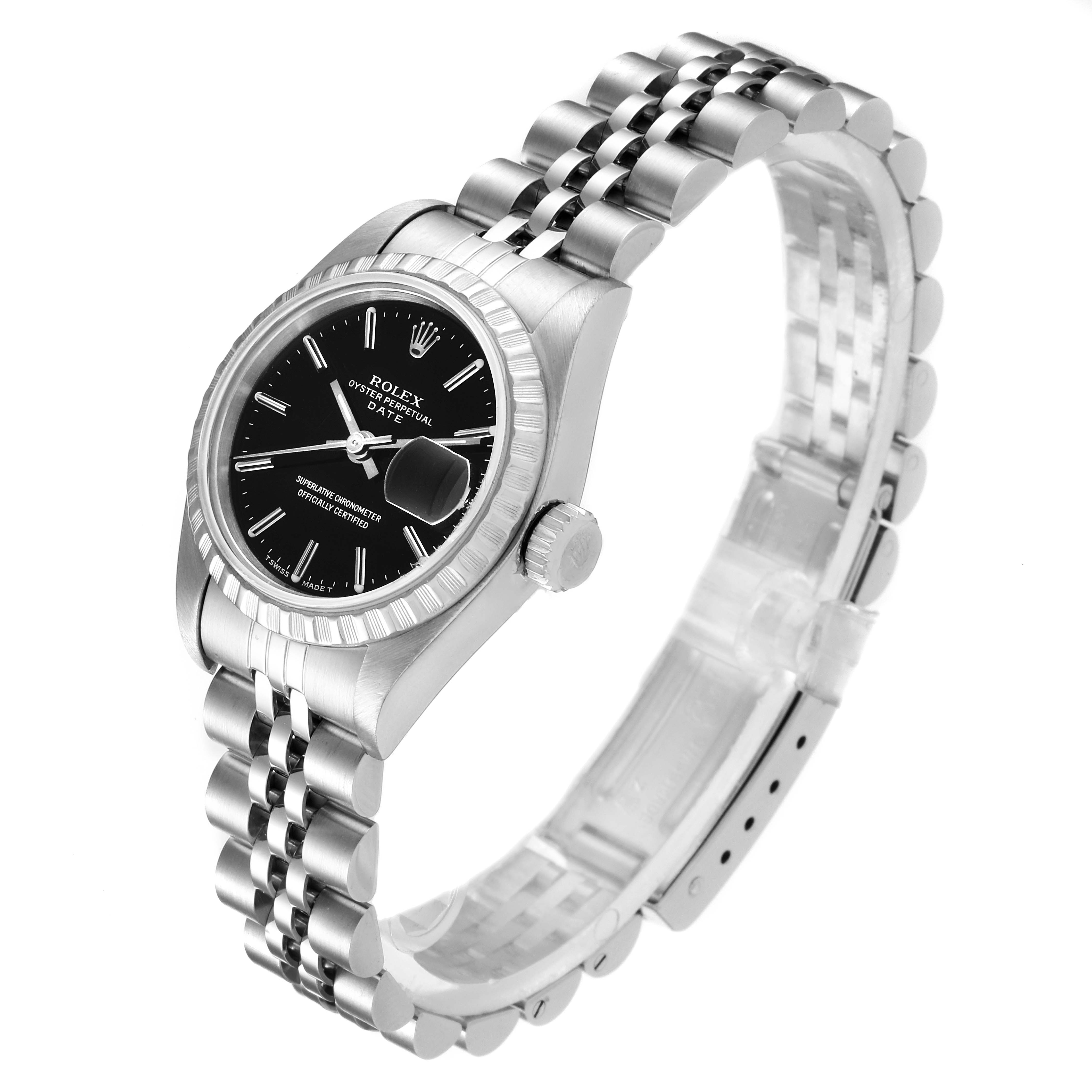 The image shows a Rolex Date 69240 Women
s Stainless Steel Black Dial 69240 Women
s Stainless Steel Black Dial model watch at an angle, displaying the dial, crown, and the stainless steel bracelet.