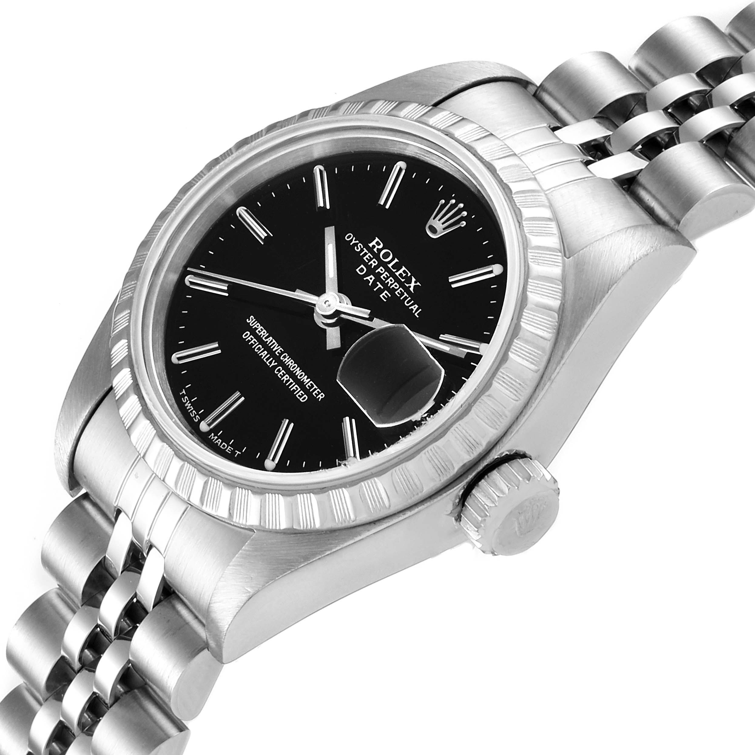 The image shows a close-up, angled view of a Rolex Date 69240 Women
s Stainless Steel Black Dial 69240 Women
s Stainless Steel Black Dial model watch, highlighting its black dial, bezel, crown, and partial bracelet.