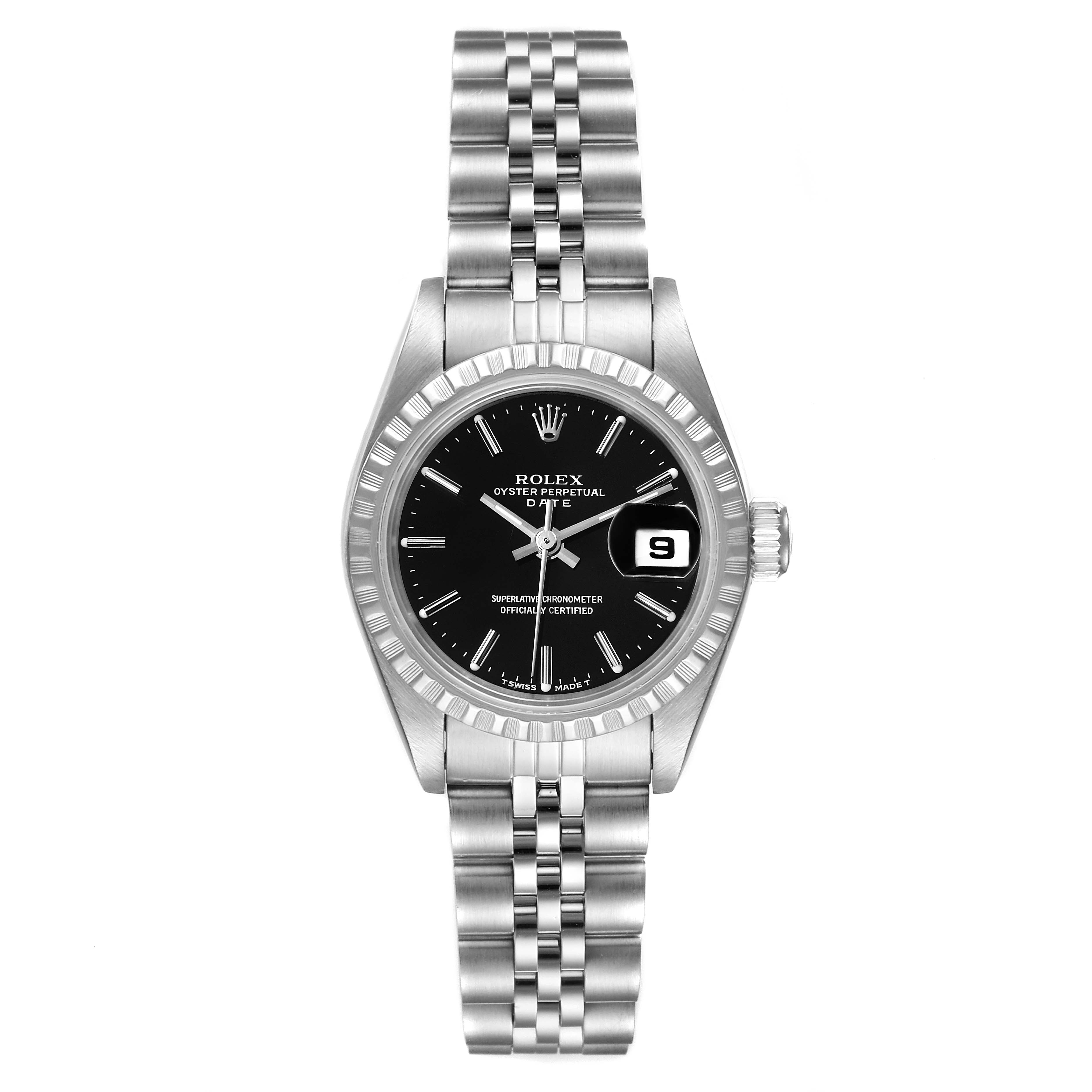 The image shows a front view of a Rolex Date 69240 Women
s Stainless Steel Black Dial 69240 Women
s Stainless Steel Black Dial model watch, highlighting the dial, bezel, and bracelet.